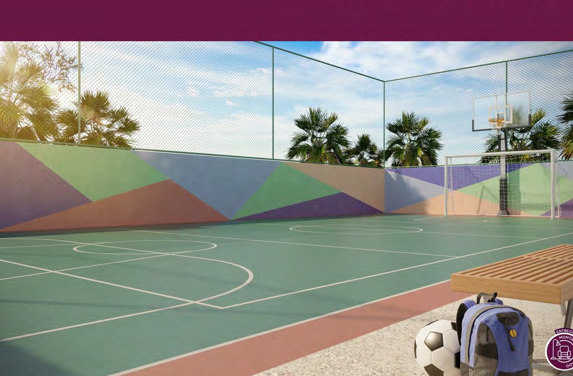 Quadra esportiva com tela de protecao e iluminacao