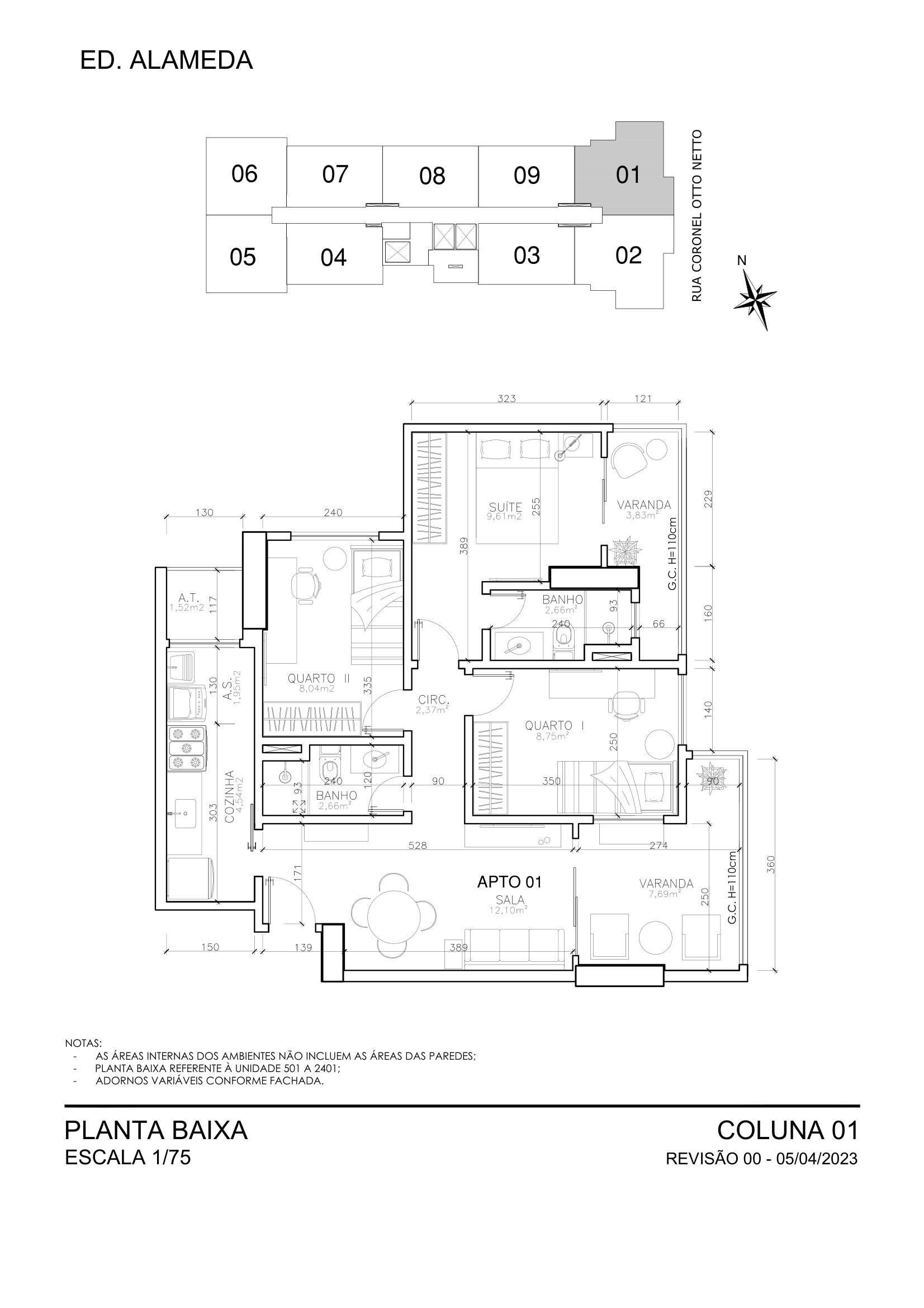 Planta Coluna 01 - 3 Quartos com Suite 76,54 m² - Alameda Residence
