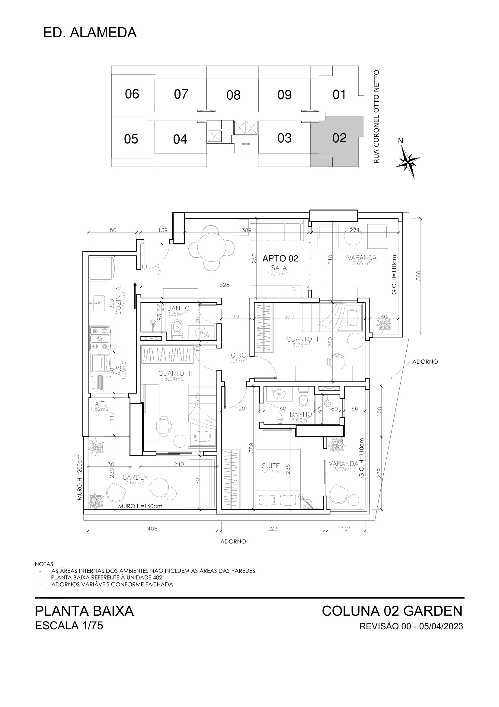 Planta Garden Coluna 02 - 3 Quartos 121,99 m² - Alameda Residence