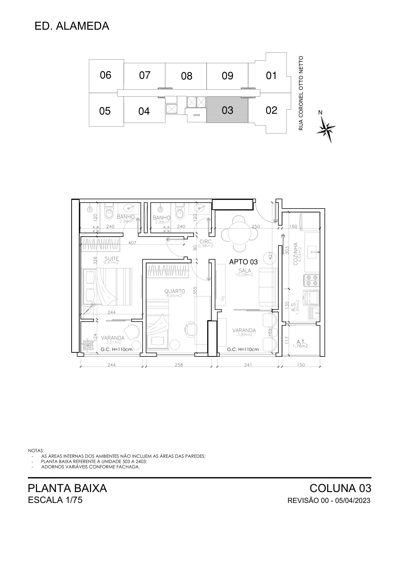 Planta Coluna 03 - 2 Quartos com Suite 61,50 m² - Alameda Residence