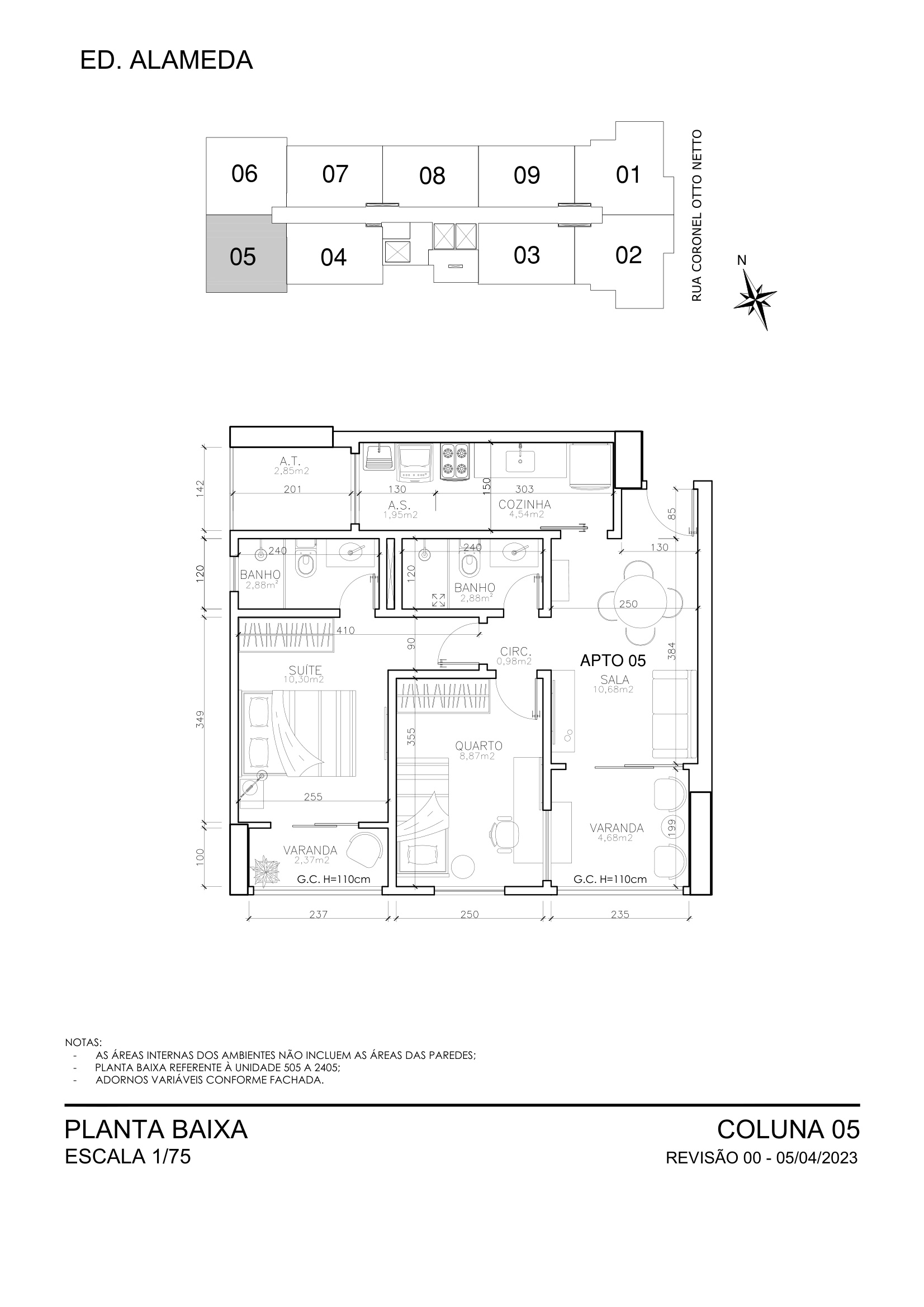 Planta Coluna 05 - 2 Quartos com Suite 58,39 m² - Alameda Residence