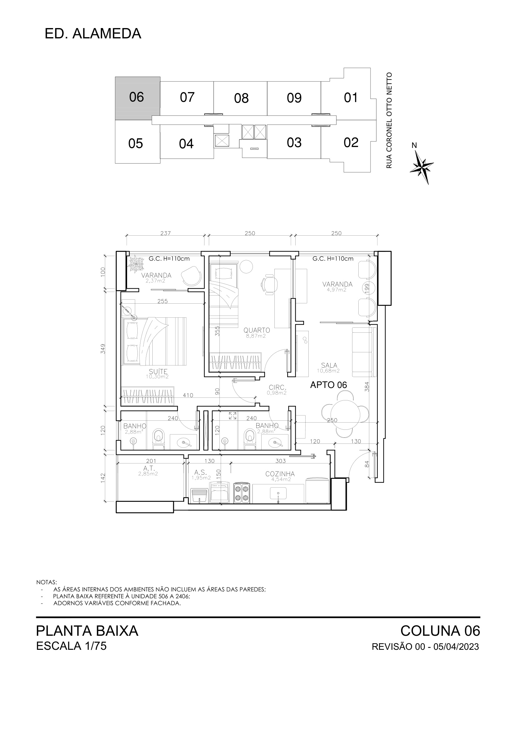 Planta Coluna 06 - 2 Quartos com Suite 58,39 m² - Alameda Residence