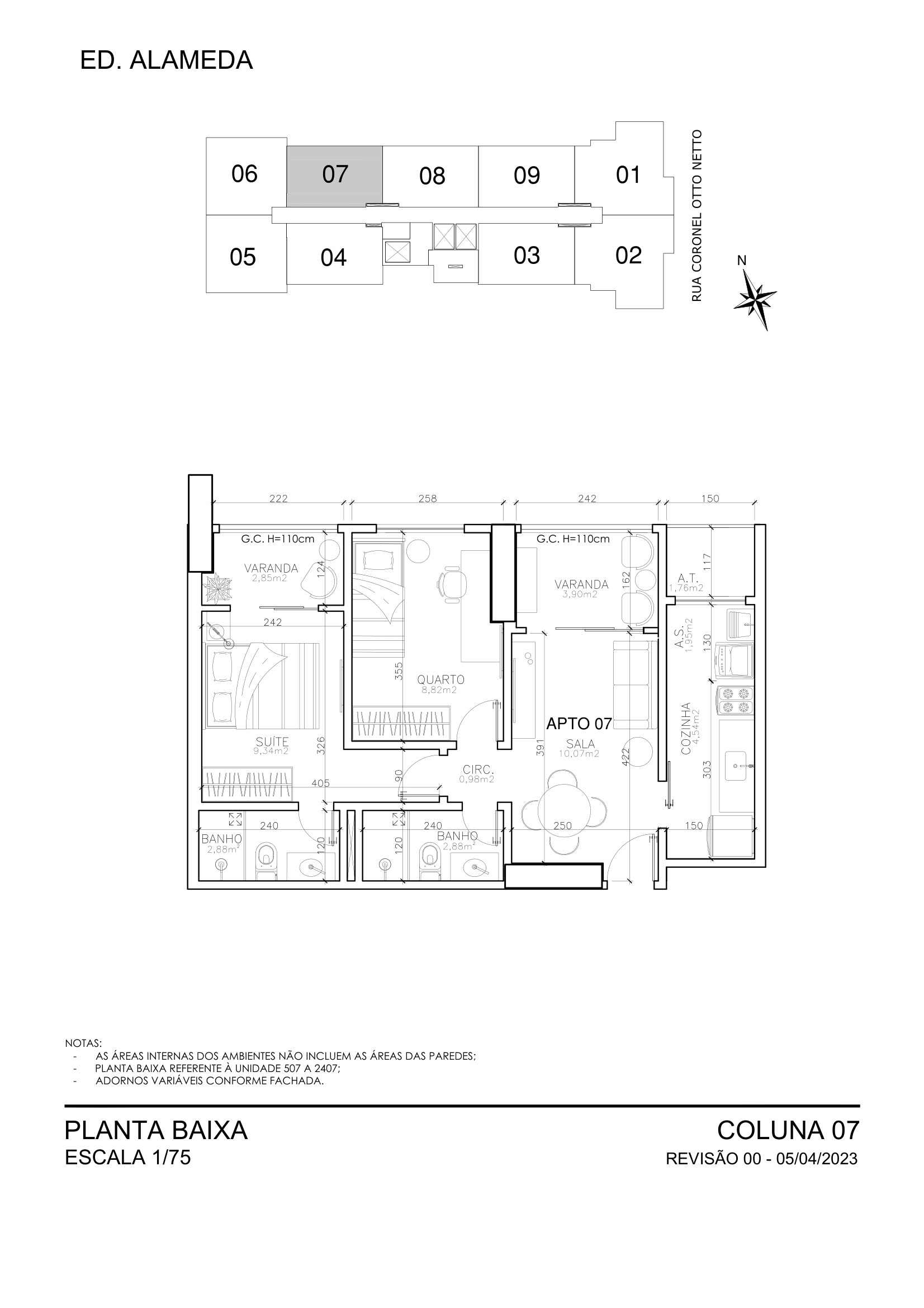 Planta Coluna 07 - 2 Quartos com Suite 61,50 m² - Alameda Residence