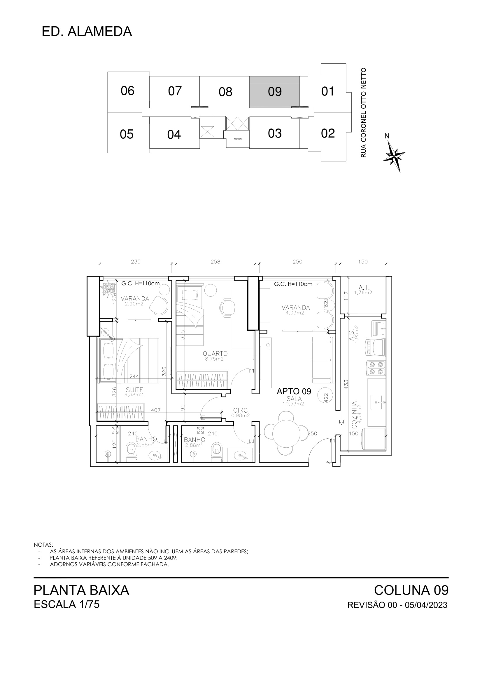 Planta Coluna 09 - 2 Quartos com Suite 60,40 m² - Alameda Residence