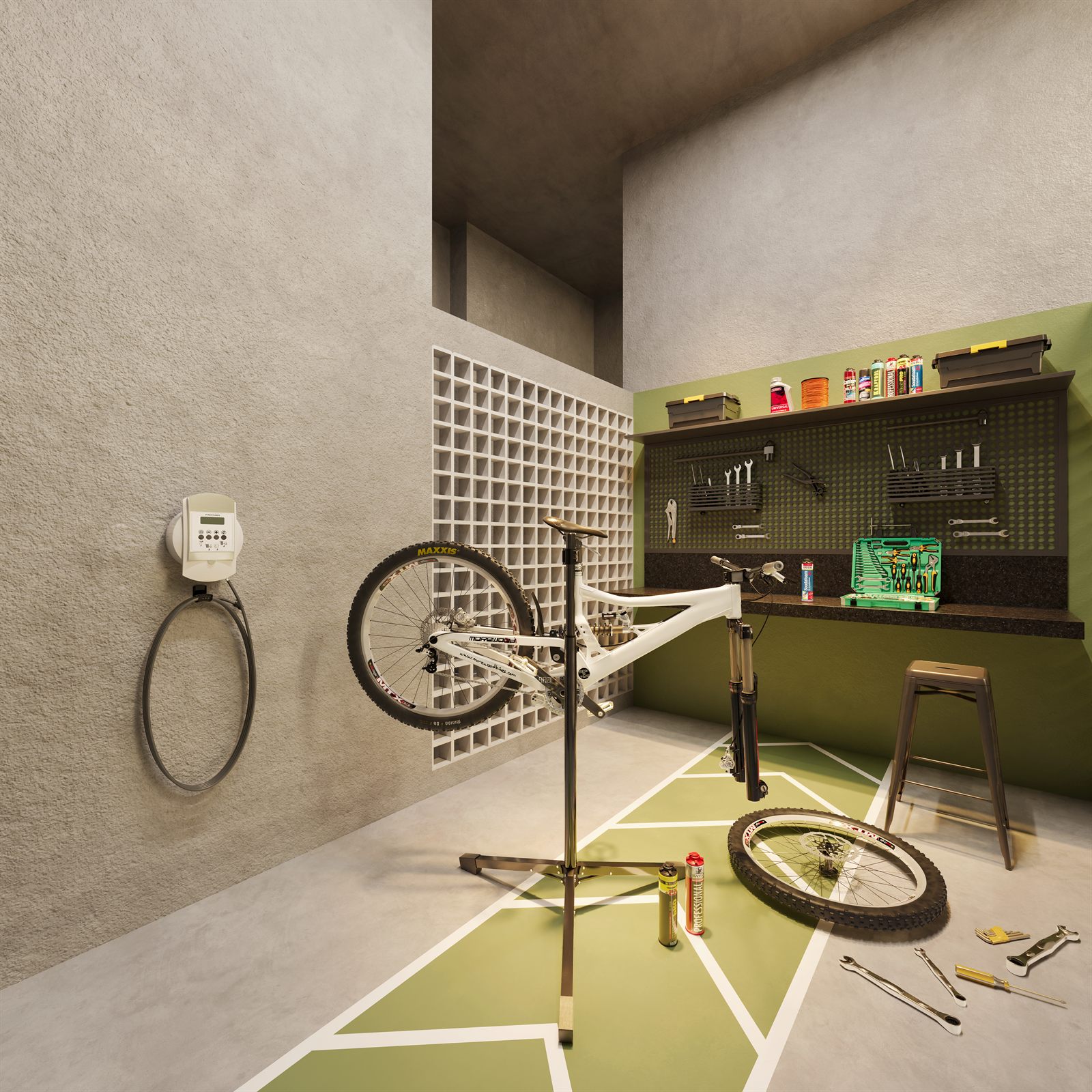 Espaço Bike com ferramentas para regulagem e bicicletário