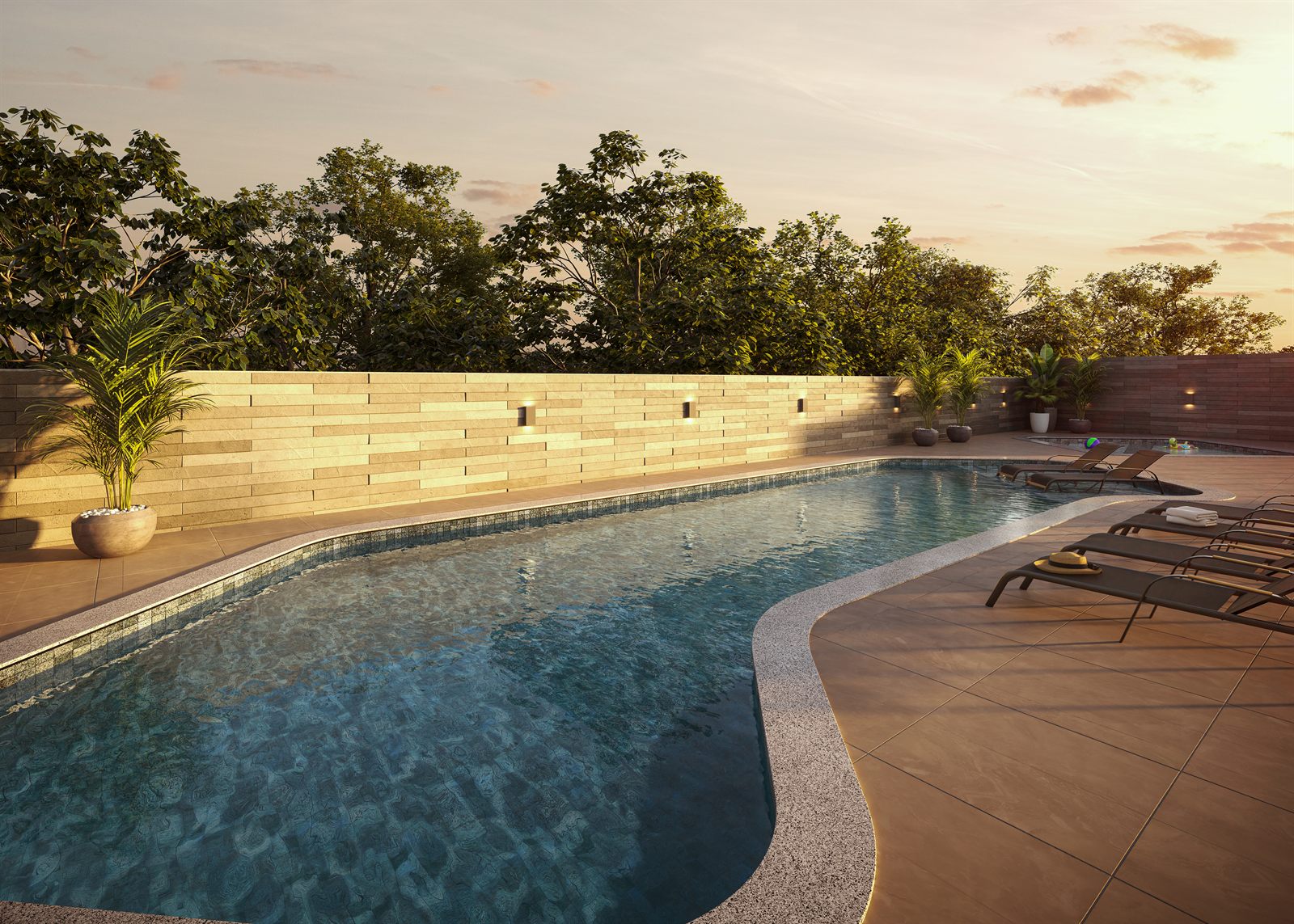 Piscina adulto com deck molhado, prainha e piscina infantil climatizada