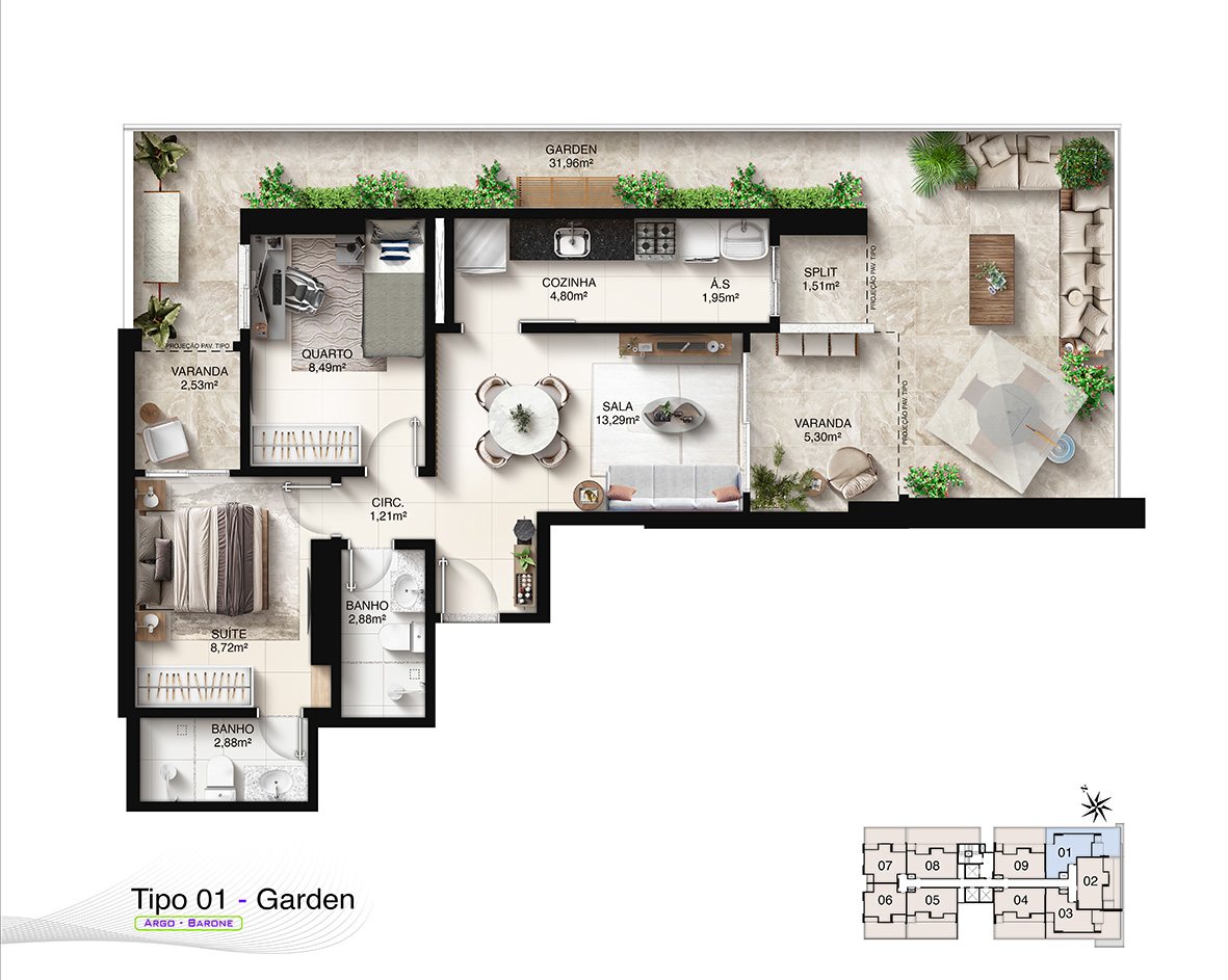 Planta Tipo 01 Garden (Área Privativa Externa com Quintal)