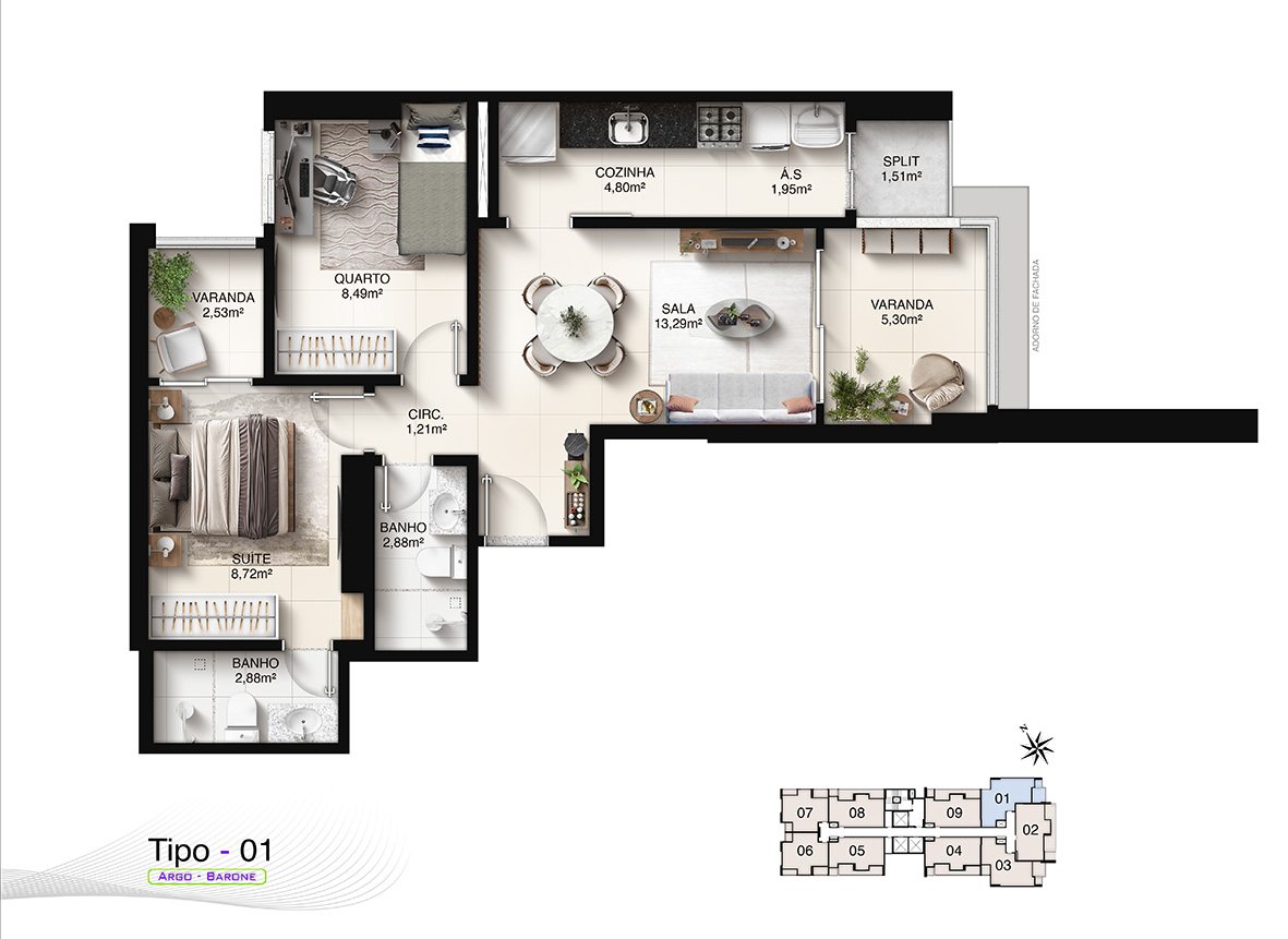Planta Tipo 01 (2 Quartos com Suíte - 56,14 m²)