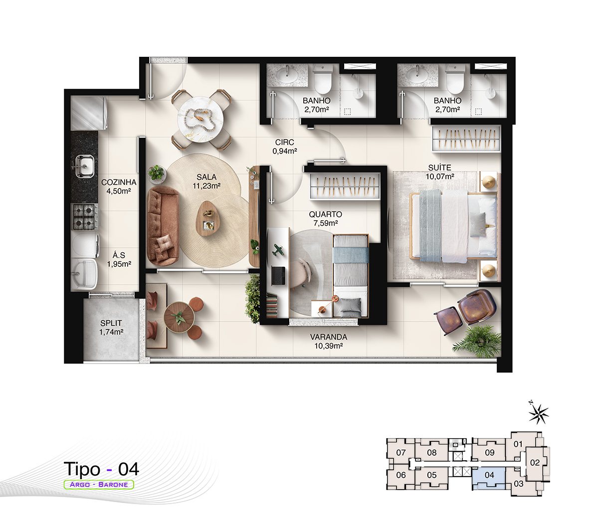 Planta Tipo 04 (2 Quartos com Suíte - 65,40 m²)