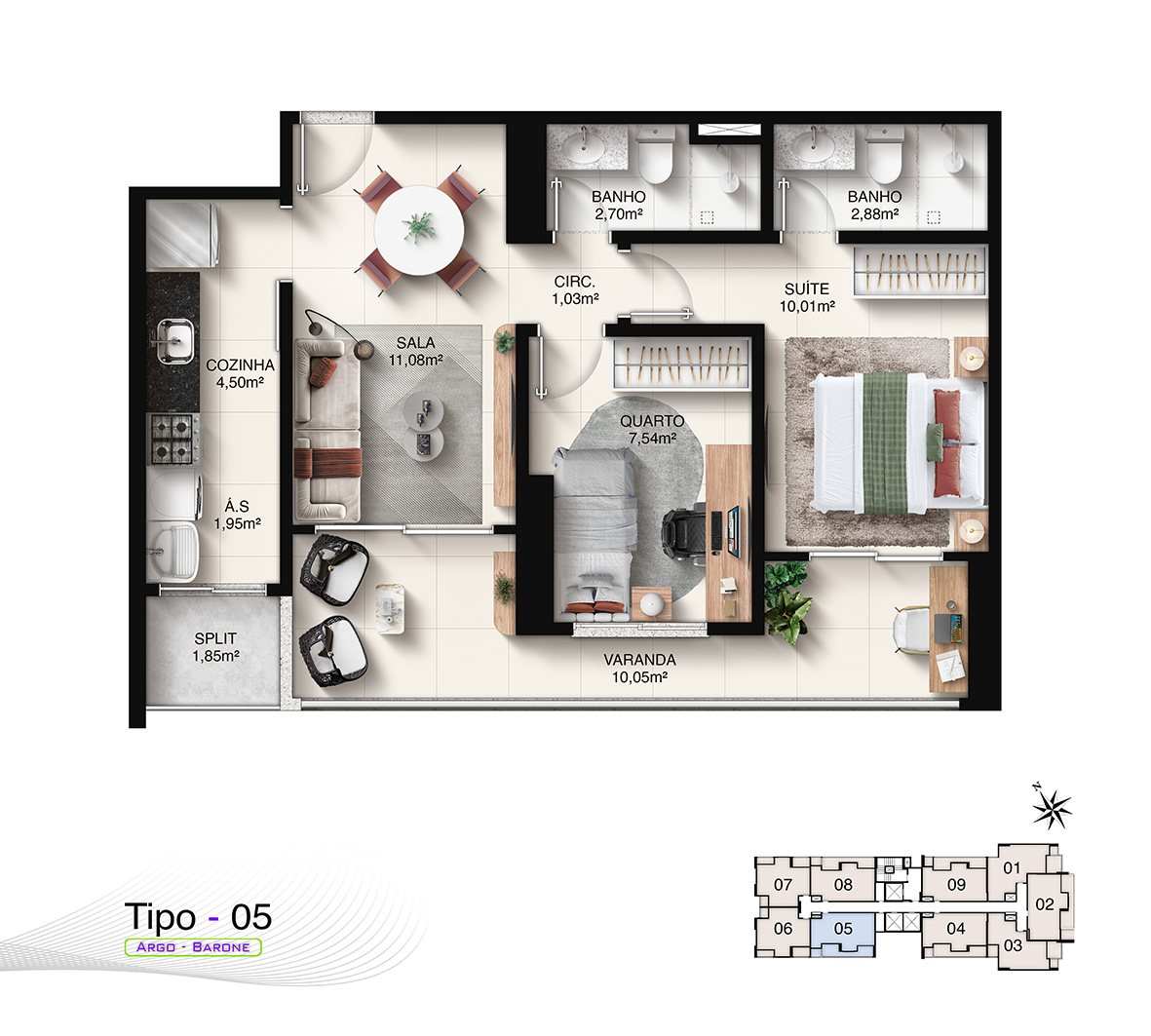 Planta Tipo 05 (2 Quartos com Suíte - 70,14 m²)