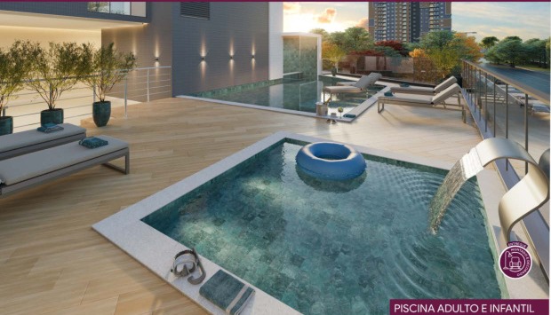 Piscina adulto com raia, deck molhado (prainha), cascata e piscina infantil