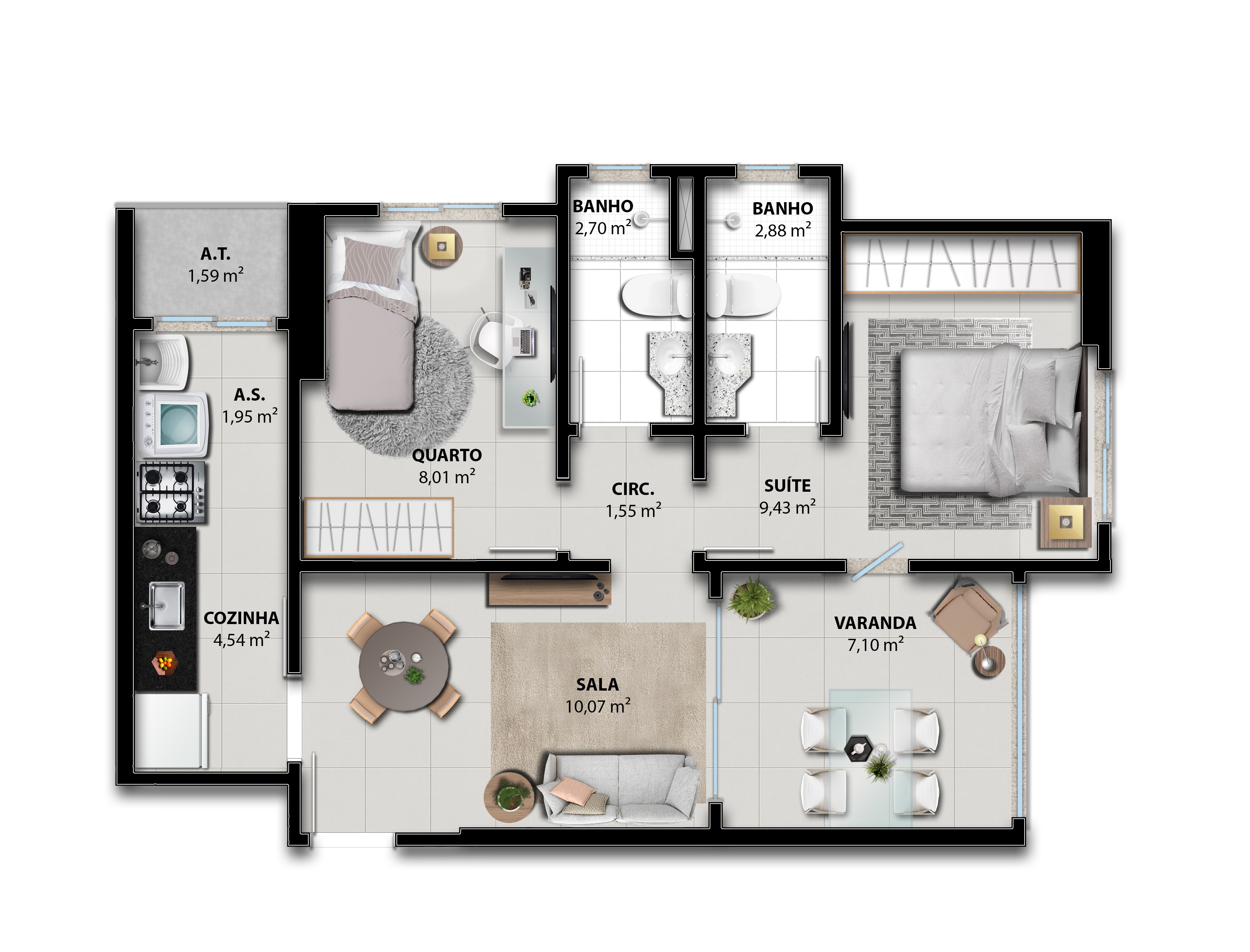 Planta Humanizada Coluna 01 - 2 Quartos com Suíte (58,18 m²) - Brisa Boulevard