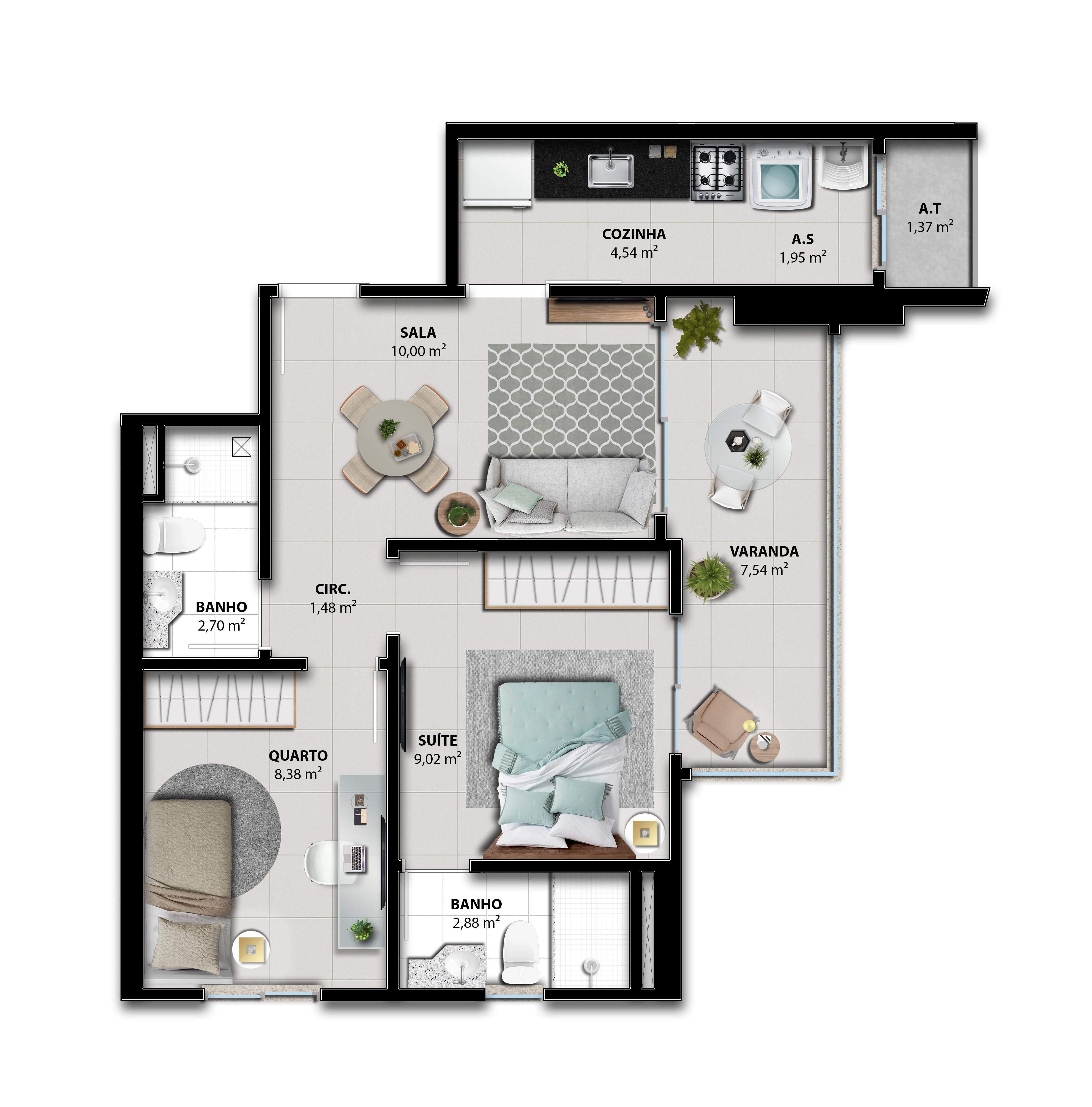 Planta Humanizada Coluna 02 - 2 Quartos com Suíte (58,20 m²) - Brisa Boulevard