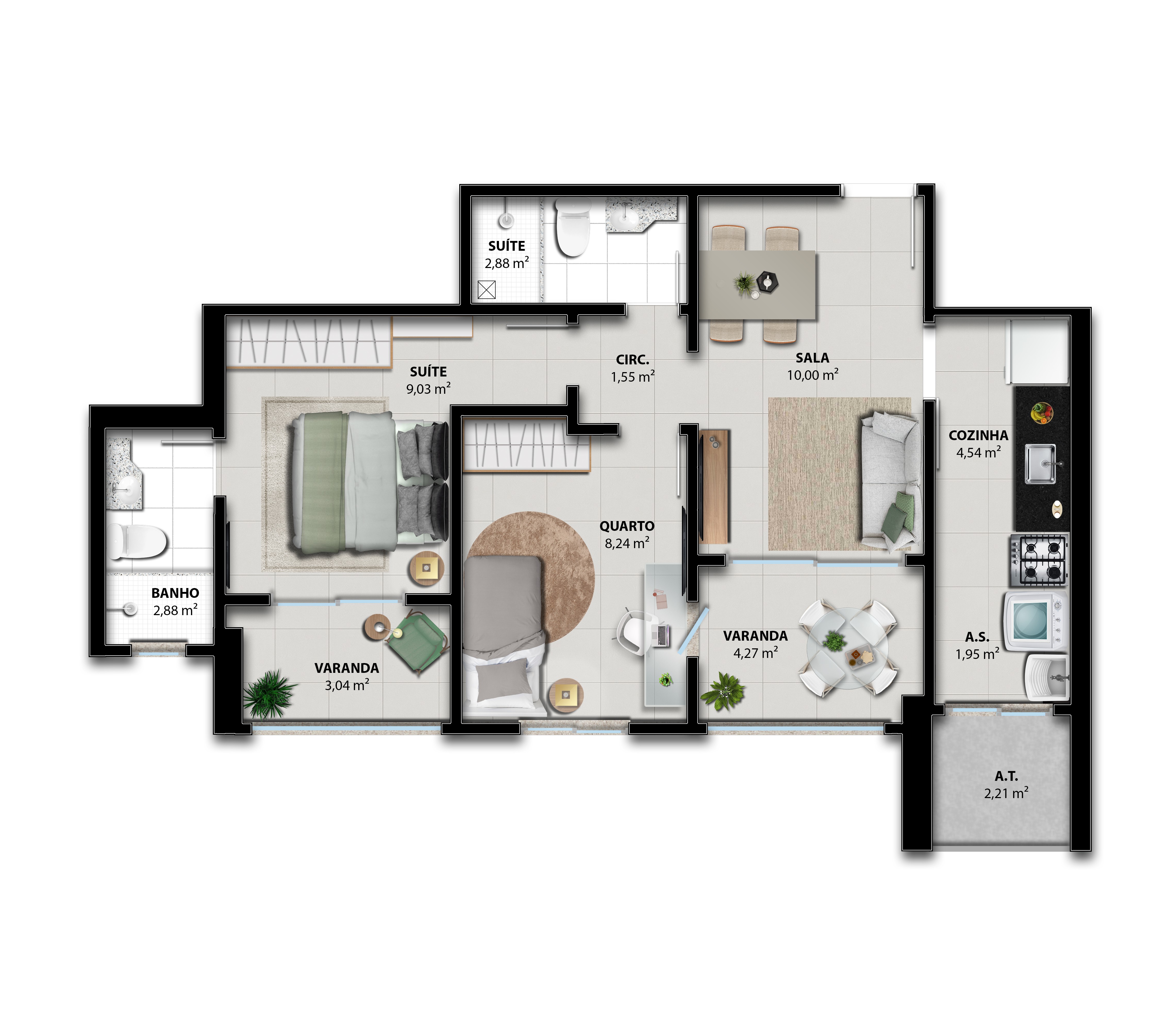 Planta Humanizada Coluna 03 - 2 Quartos com Suíte (59,49 m²) - Brisa Boulevard