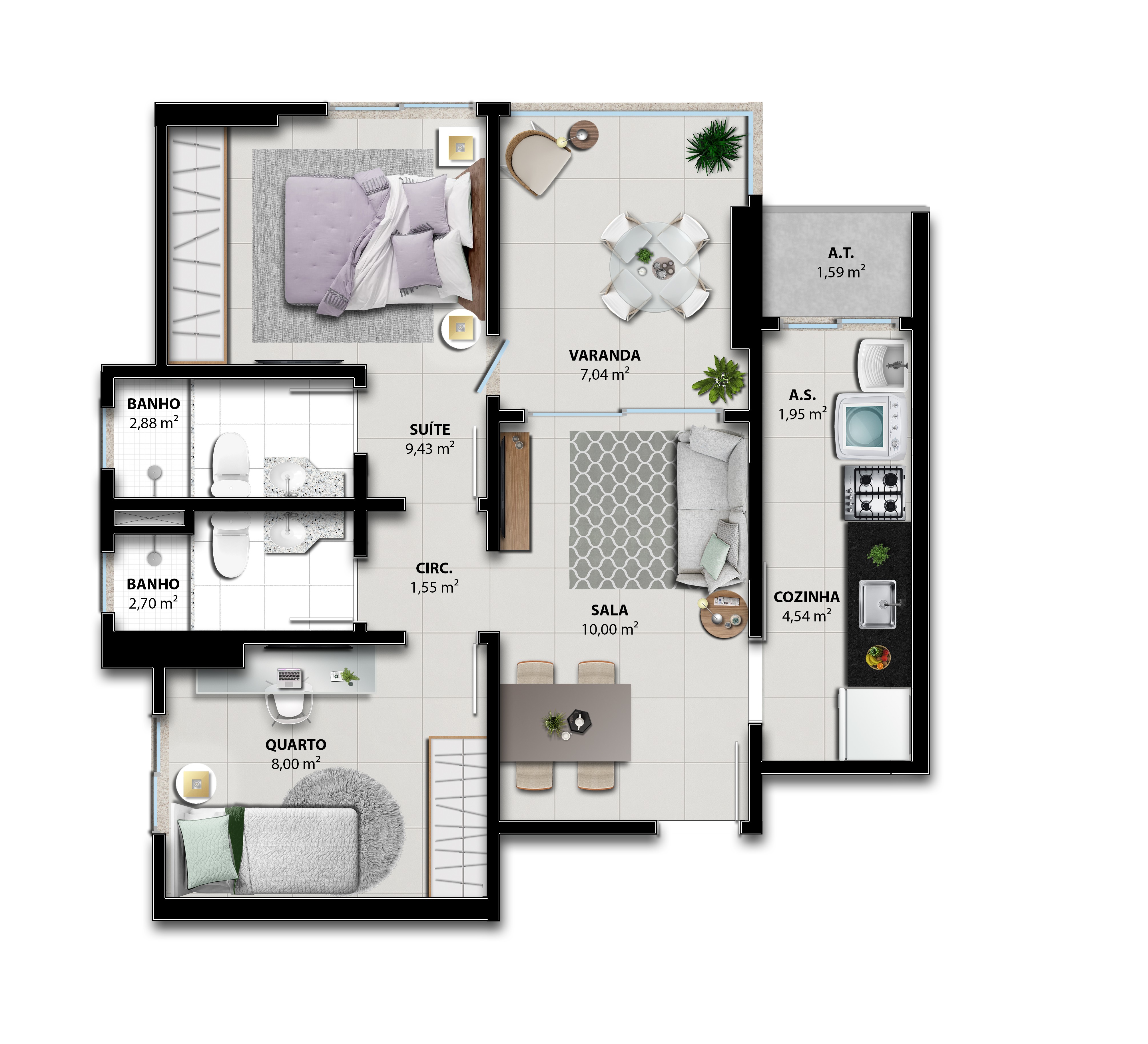 Planta Humanizada Coluna 06 - 2 Quartos com Suíte (58,35 m²) - Brisa Boulevard