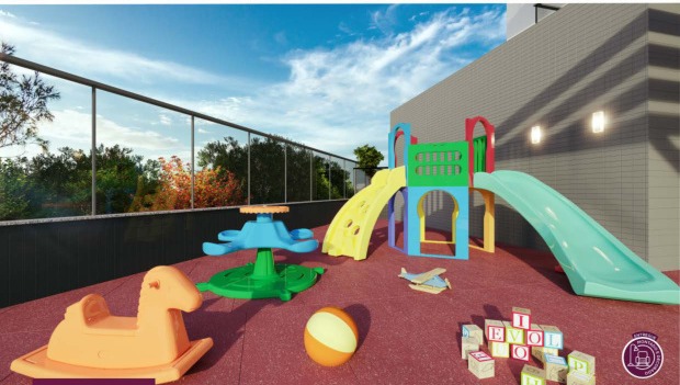 Playground infantil com piso emborrachado e brinquedos seguros
