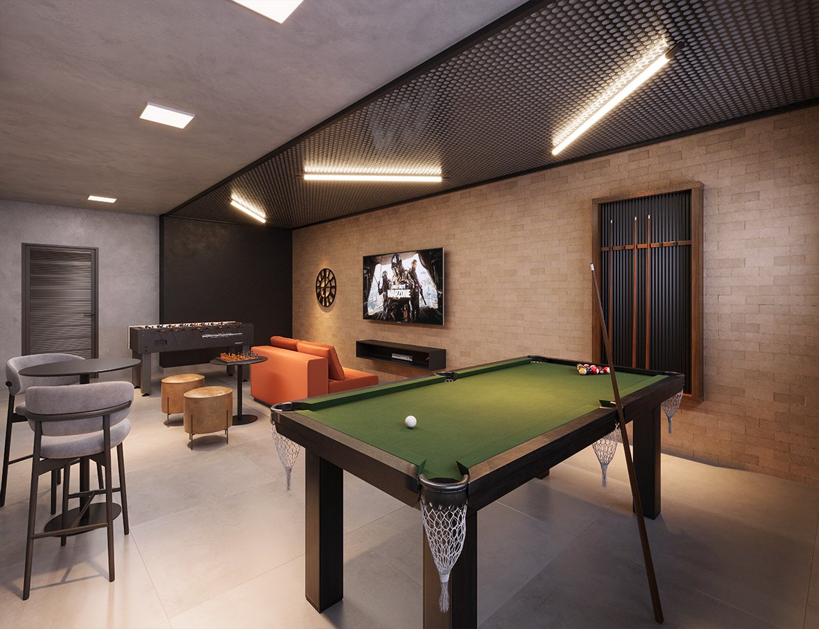 Espaço Teen com jogos e ambientação jovem moderna e descontraída