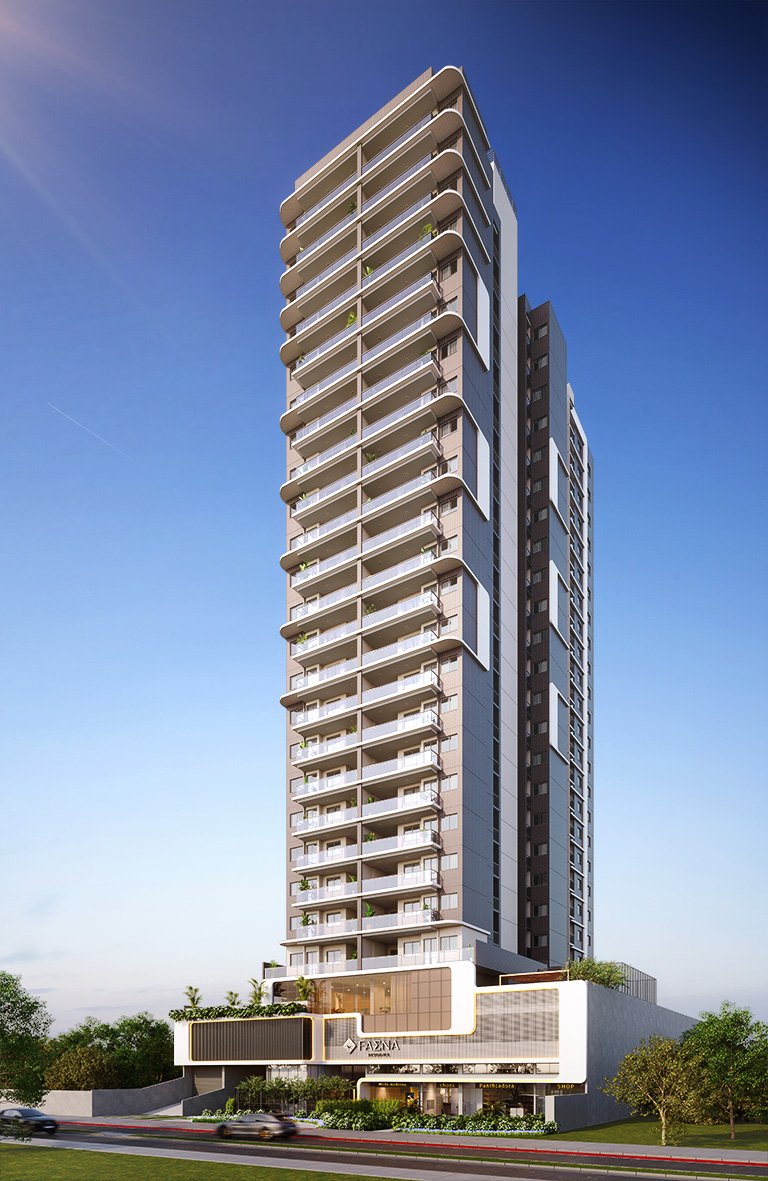 Fachada contemporânea imponente do Faena Residence ARGO no Jockey de Itaparica