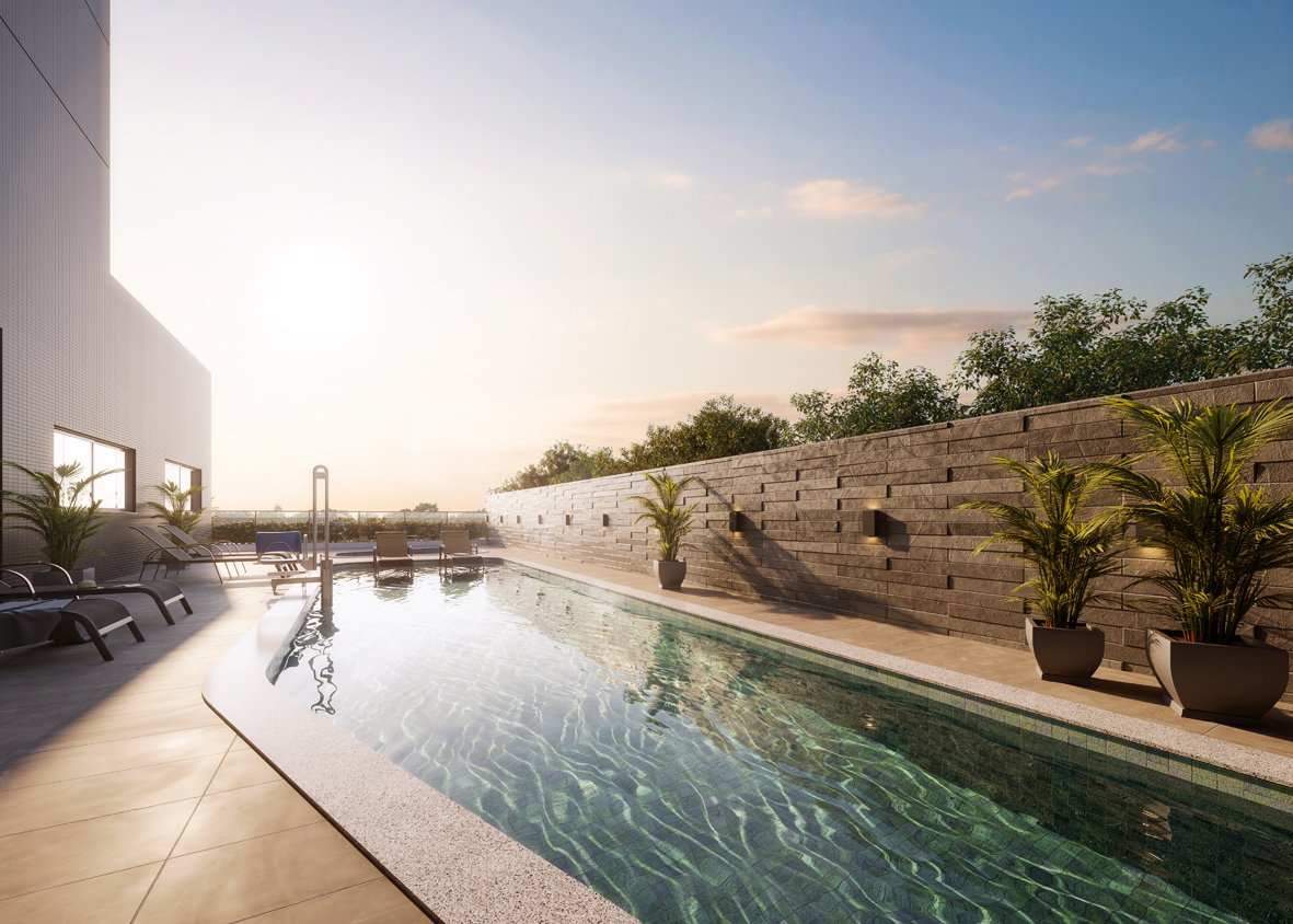 Piscina adulto com deck molhado, prainha e solarium com vista panorâmica