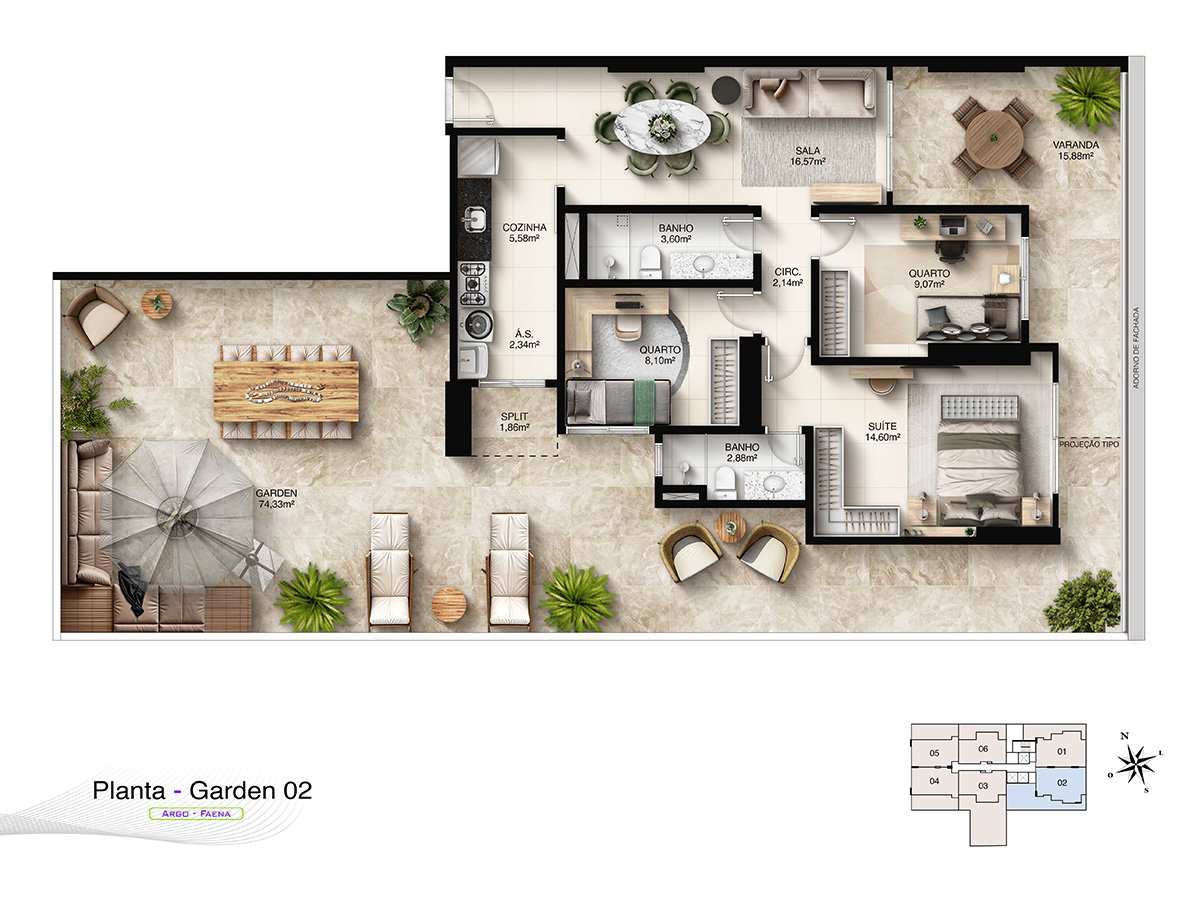 Planta Humanizada Garden 02 - 3 Quartos com Suíte e Terraço Privativo (173,11 m²)