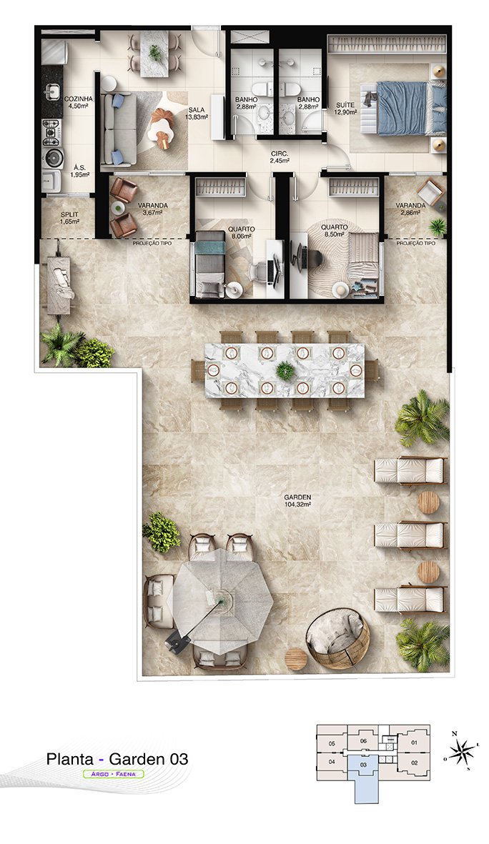 Planta Humanizada Garden 03 - 3 Quartos com Suíte e Terraço Privativo (185,99 m²)