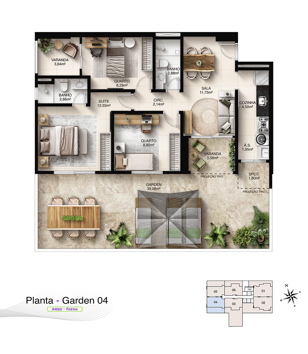 Planta Humanizada Garden 04 - 3 Quartos com Suíte e Terraço Privativo (116,65 m²)