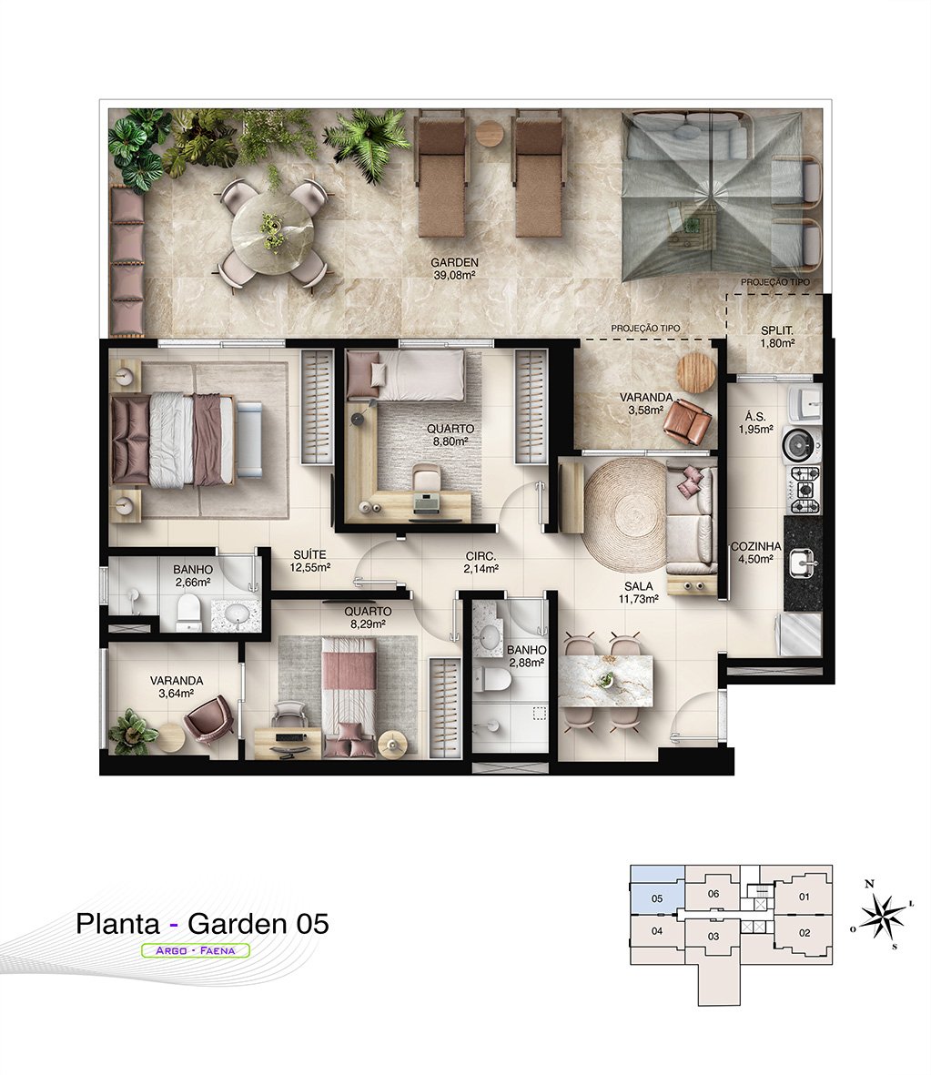 Planta Humanizada Garden 05 - 3 Quartos com Suíte e Terraço Privativo (116,65 m²)