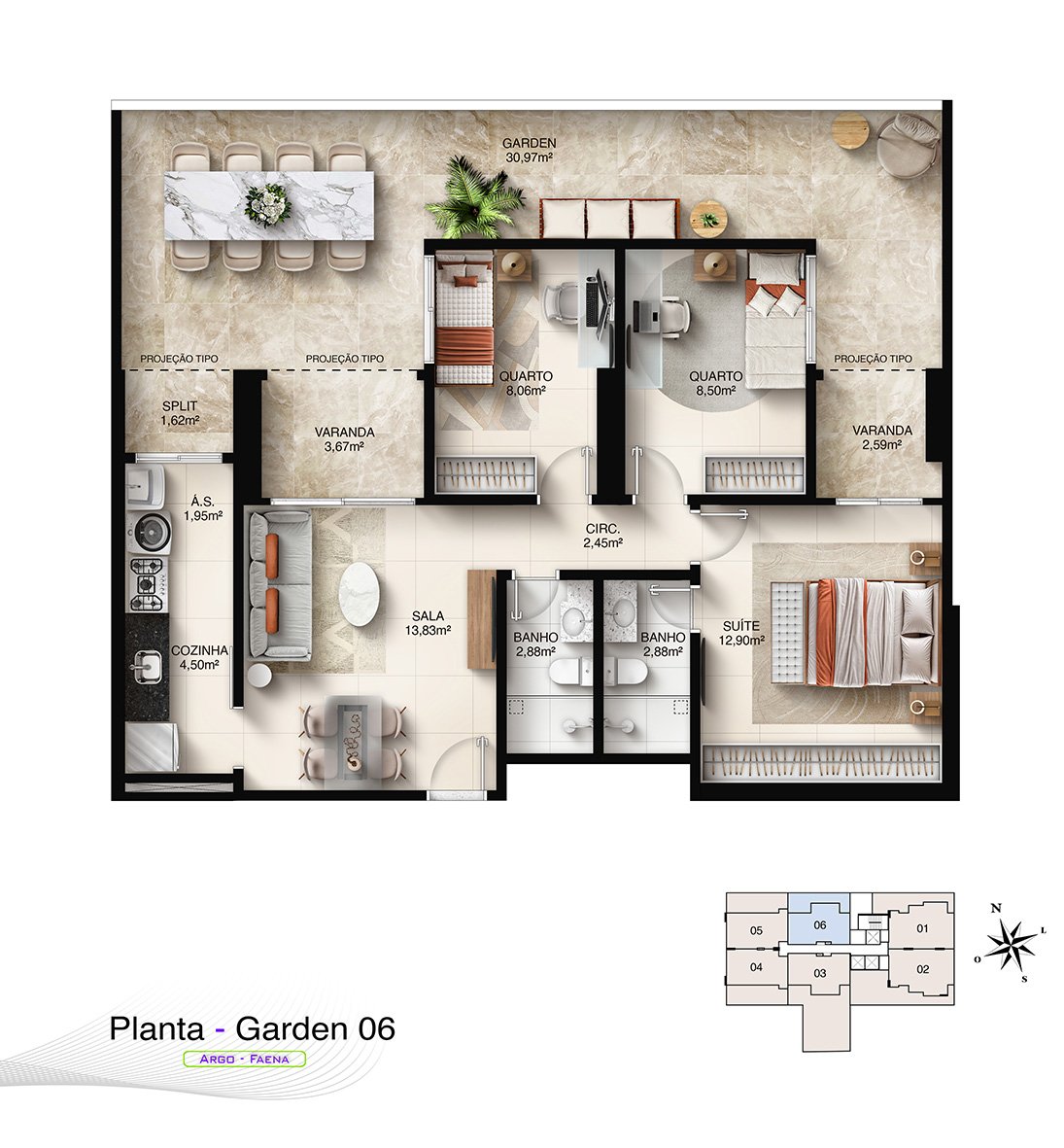 Planta Humanizada Garden 06 - 3 Quartos com Suíte e Terraço Privativo (110,24 m²)