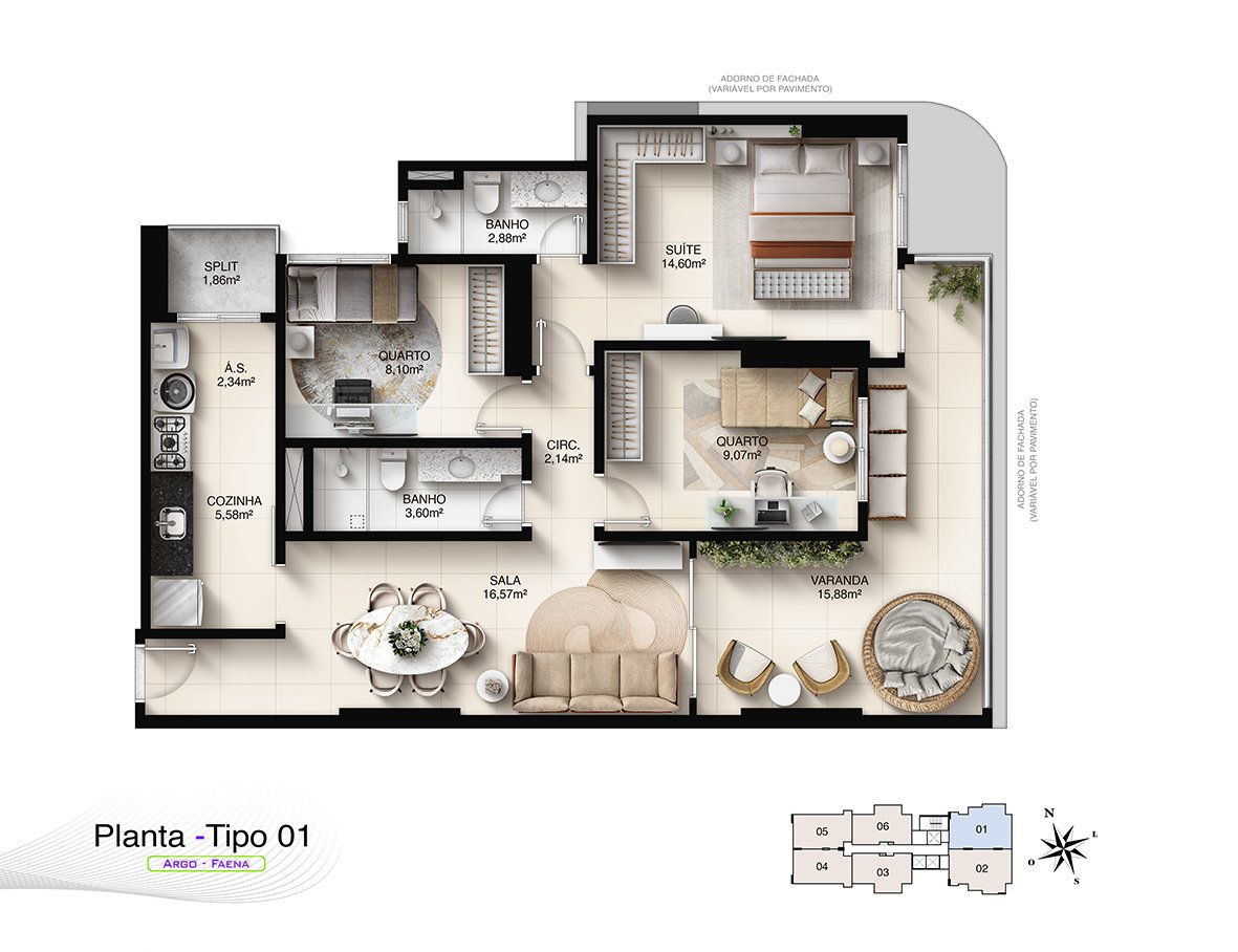 Planta Humanizada Tipo 01 - 3 Quartos com Suíte (95,55 m²) e 2 Vagas