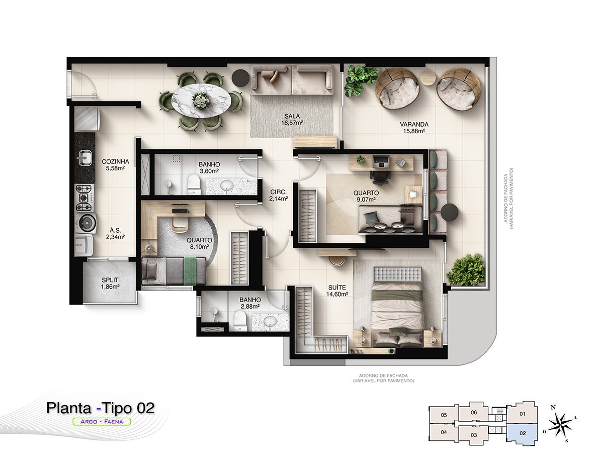 Planta Humanizada Tipo 02 - 3 Quartos com Suíte (77,16 m²) e 2 Vagas
