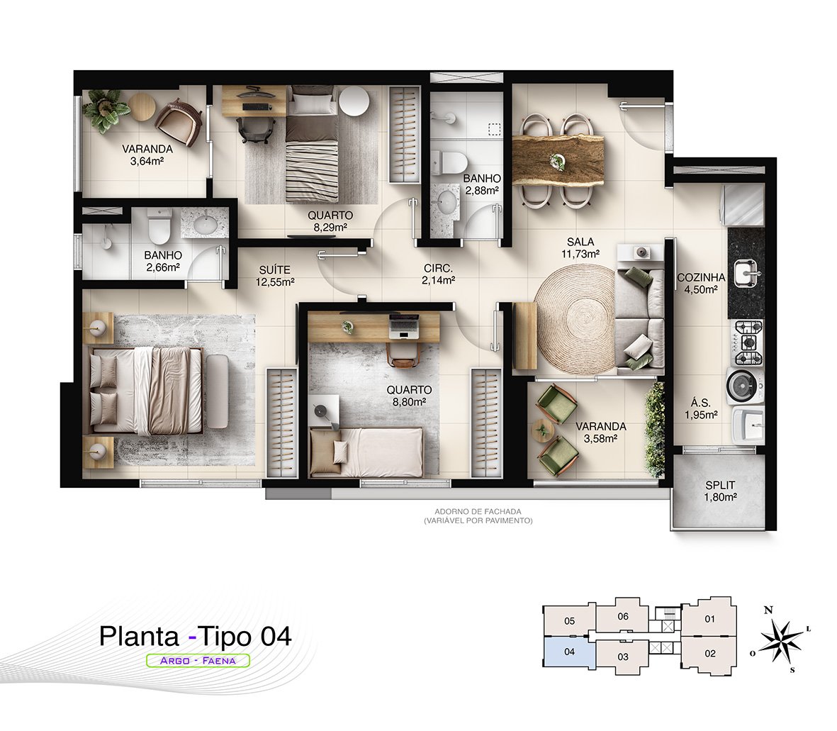 Planta Humanizada Tipo 04 - 3 Quartos com Suíte (75,06 m²) e 2 Vagas