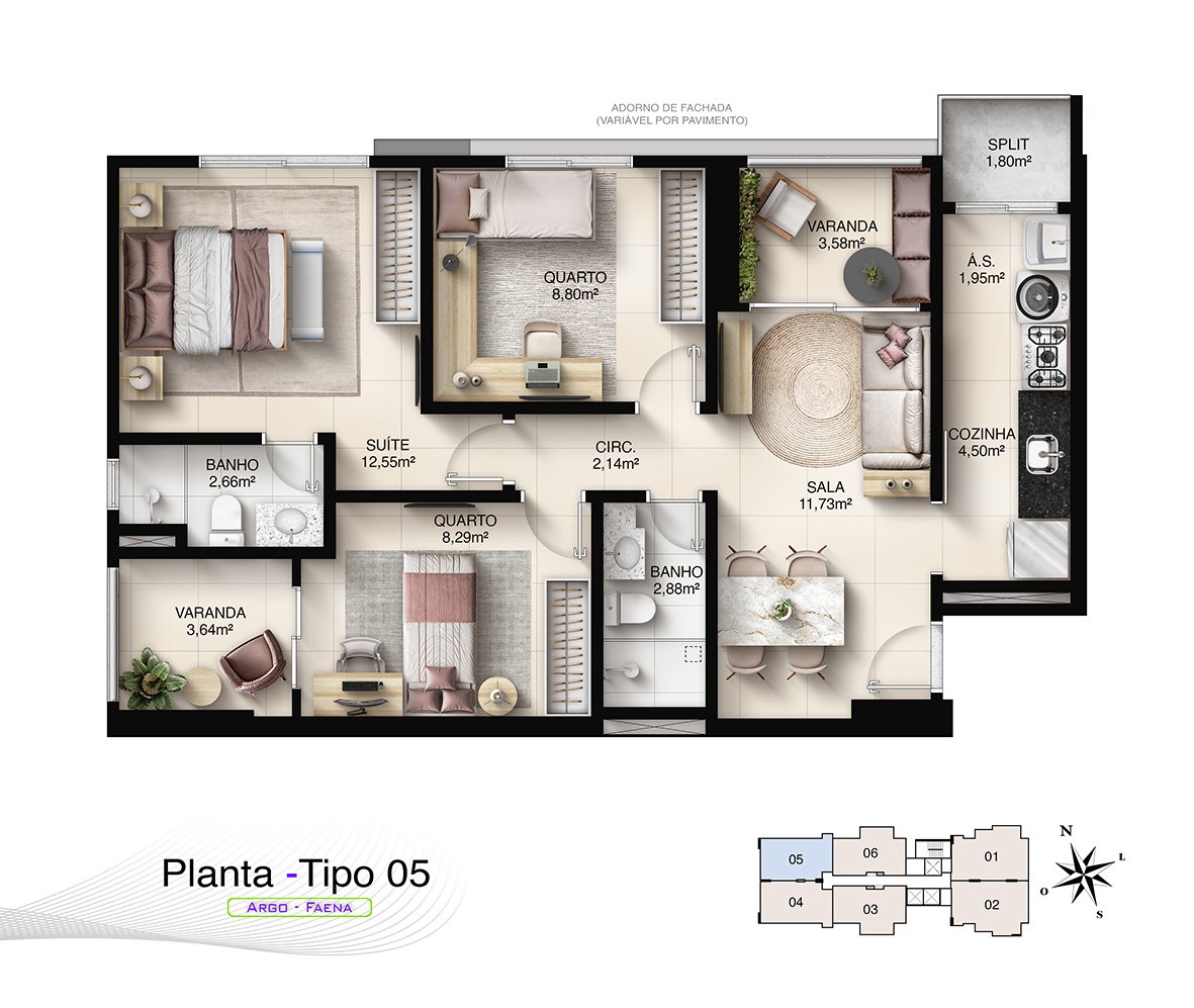 Planta Humanizada Tipo 05 - 3 Quartos com Suíte (77,16 m²) e 2 Vagas