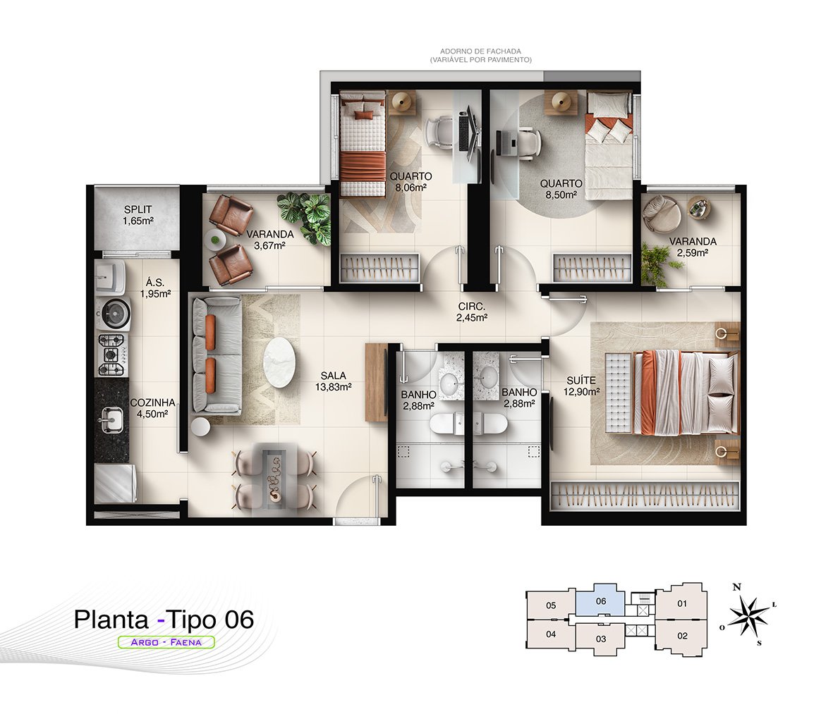 Planta Humanizada Tipo 06 - 3 Quartos com Suíte (95,55 m²) e 2 Vagas