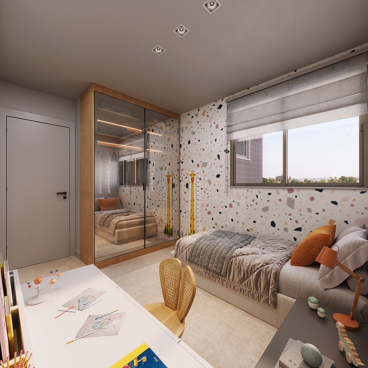 Terceiro quarto com layout versátil para dormitório de filhos ou escritório