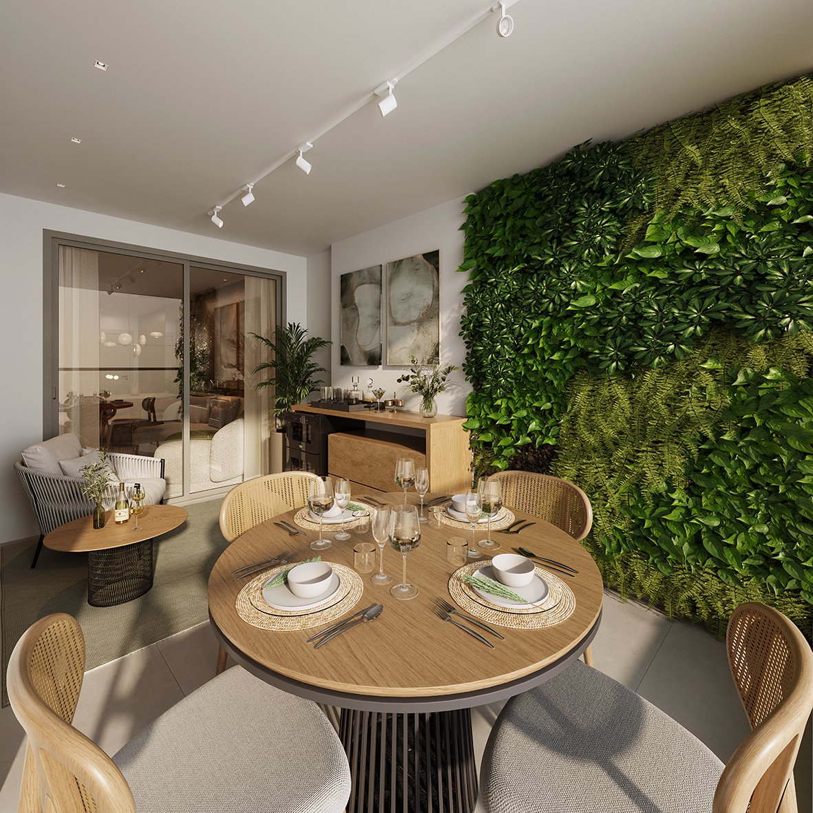 Varanda espaçosa gourmet com vista livre e integração perfeita ao living