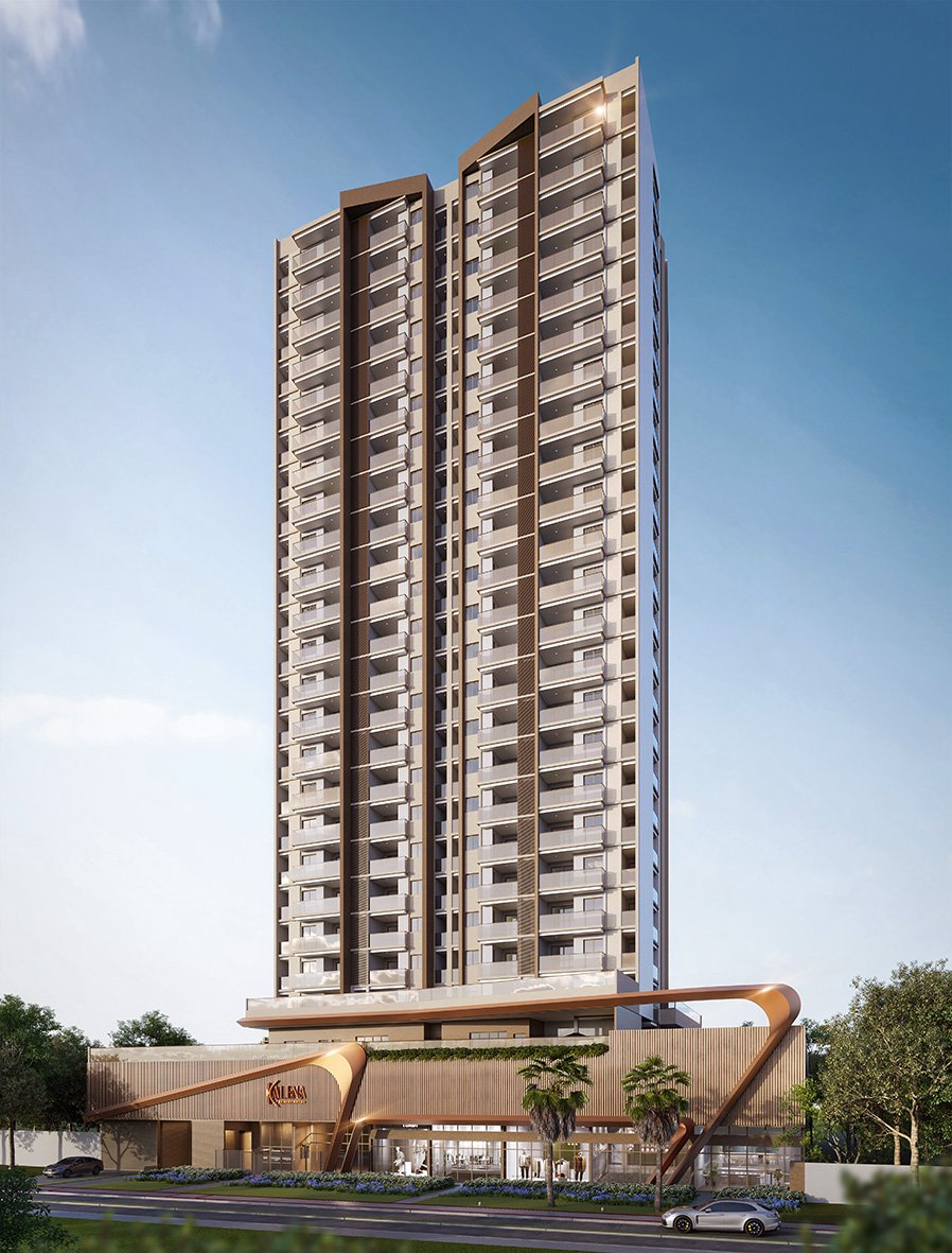 Fachada contemporânea imponente 100% revestida do Kalena Residence ARGO no Jockey de Itaparica