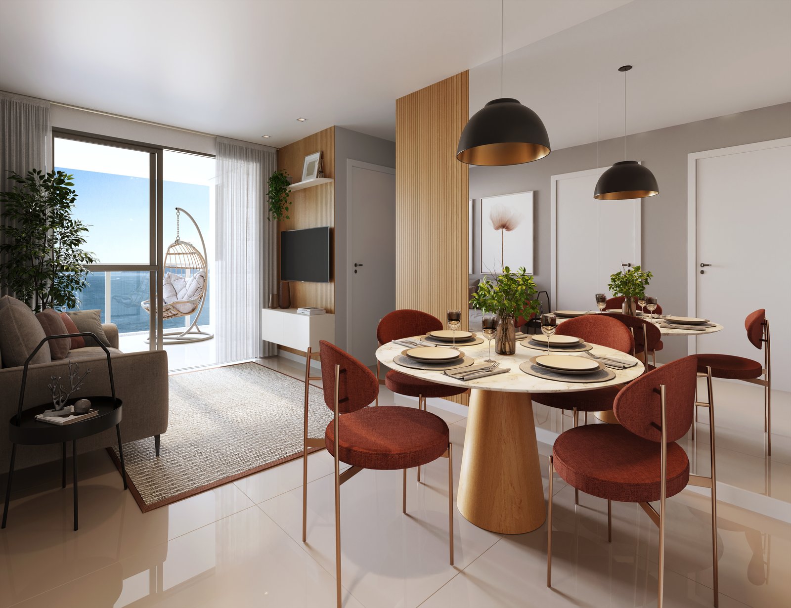 Living integrado amplo com sala de estar, jantar e rebaixamento em gesso