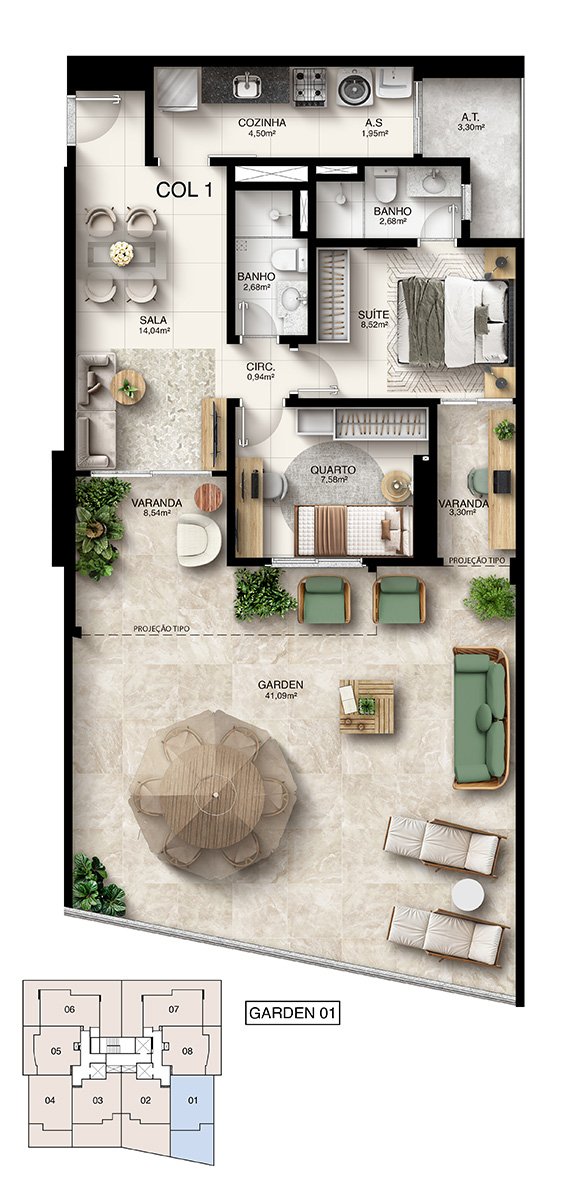 Planta Humanizada Garden 01 - 2 Quartos com Suíte (111,75 m²) - Kalena Residence