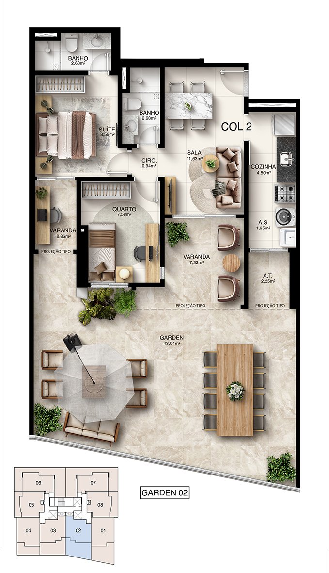 Planta Humanizada Garden 02 - 2 Quartos com Suíte (107,44 m²) - Kalena Residence