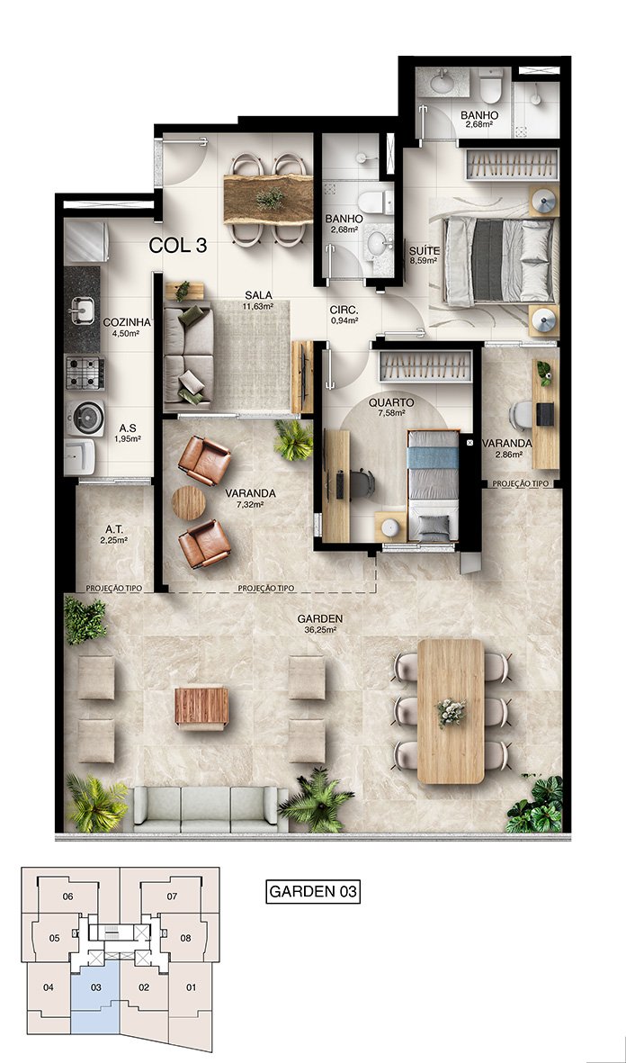 Planta Humanizada Garden 03 - 2 Quartos com Suíte (100,50 m²) - Kalena Residence