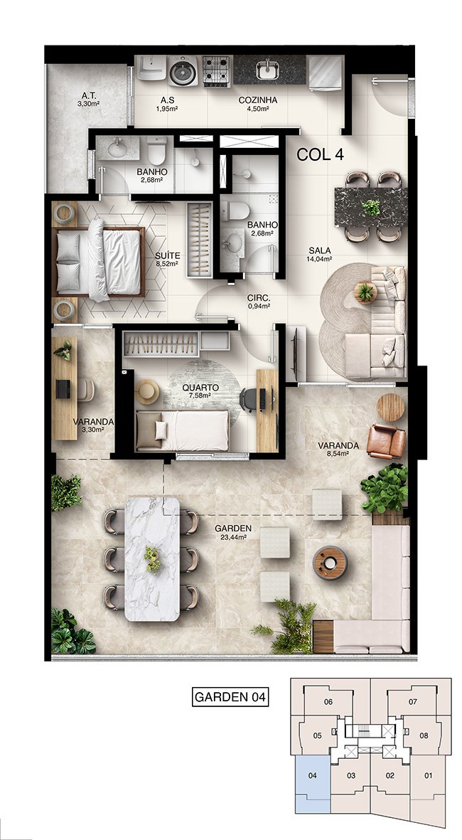 Planta Humanizada Garden 04 - 2 Quartos com Suíte (93,52 m²) - Kalena Residence