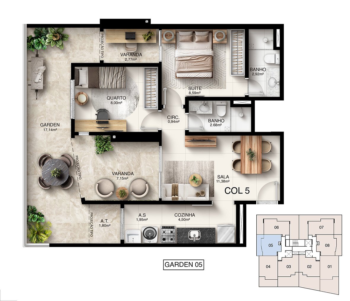 Planta Humanizada Garden 05 - 2 Quartos com Suíte (80,43 m²) - Kalena Residence