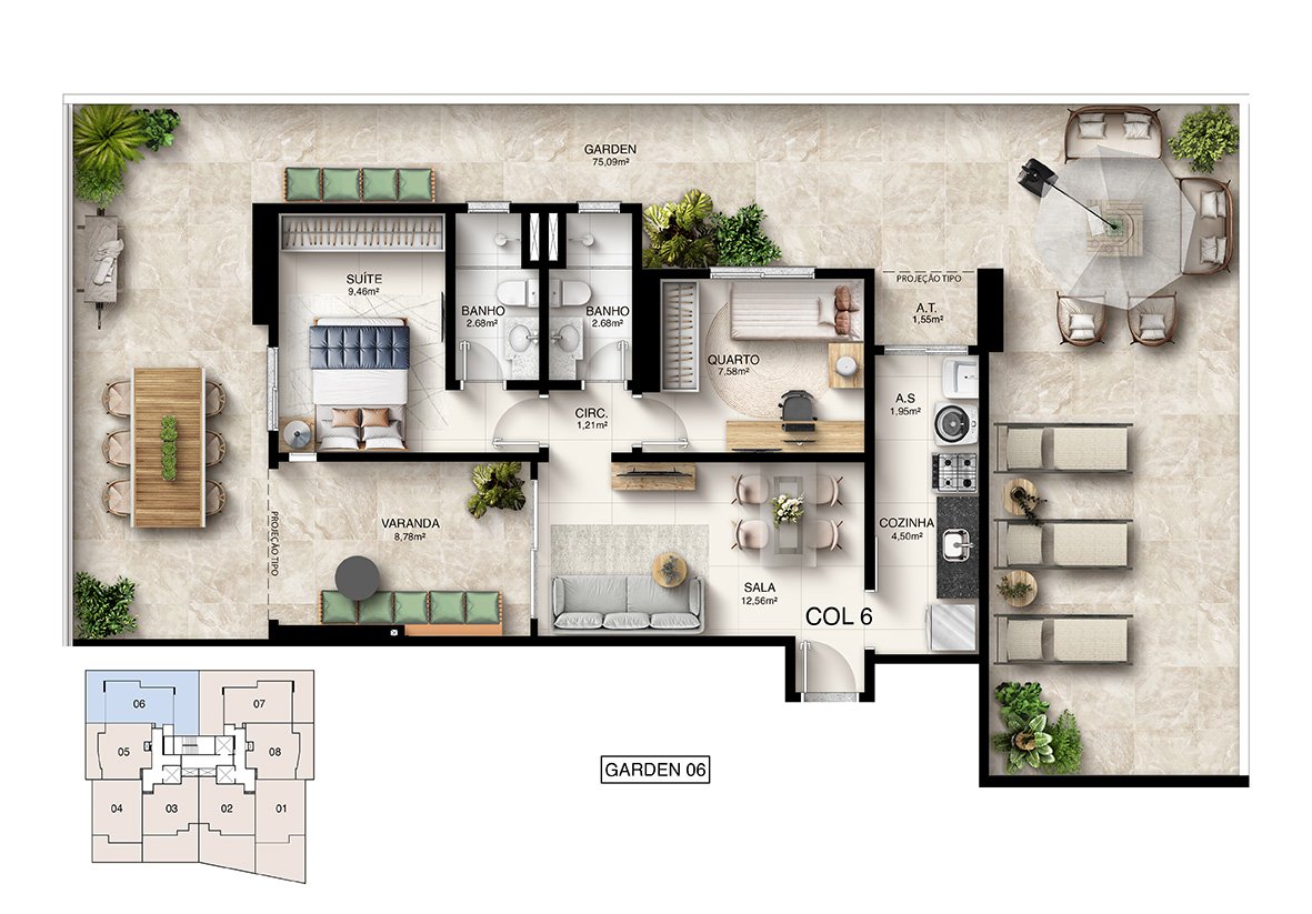 Planta Humanizada Garden 06 - 2 Quartos com Suíte (142,29 m²) - Kalena Residence