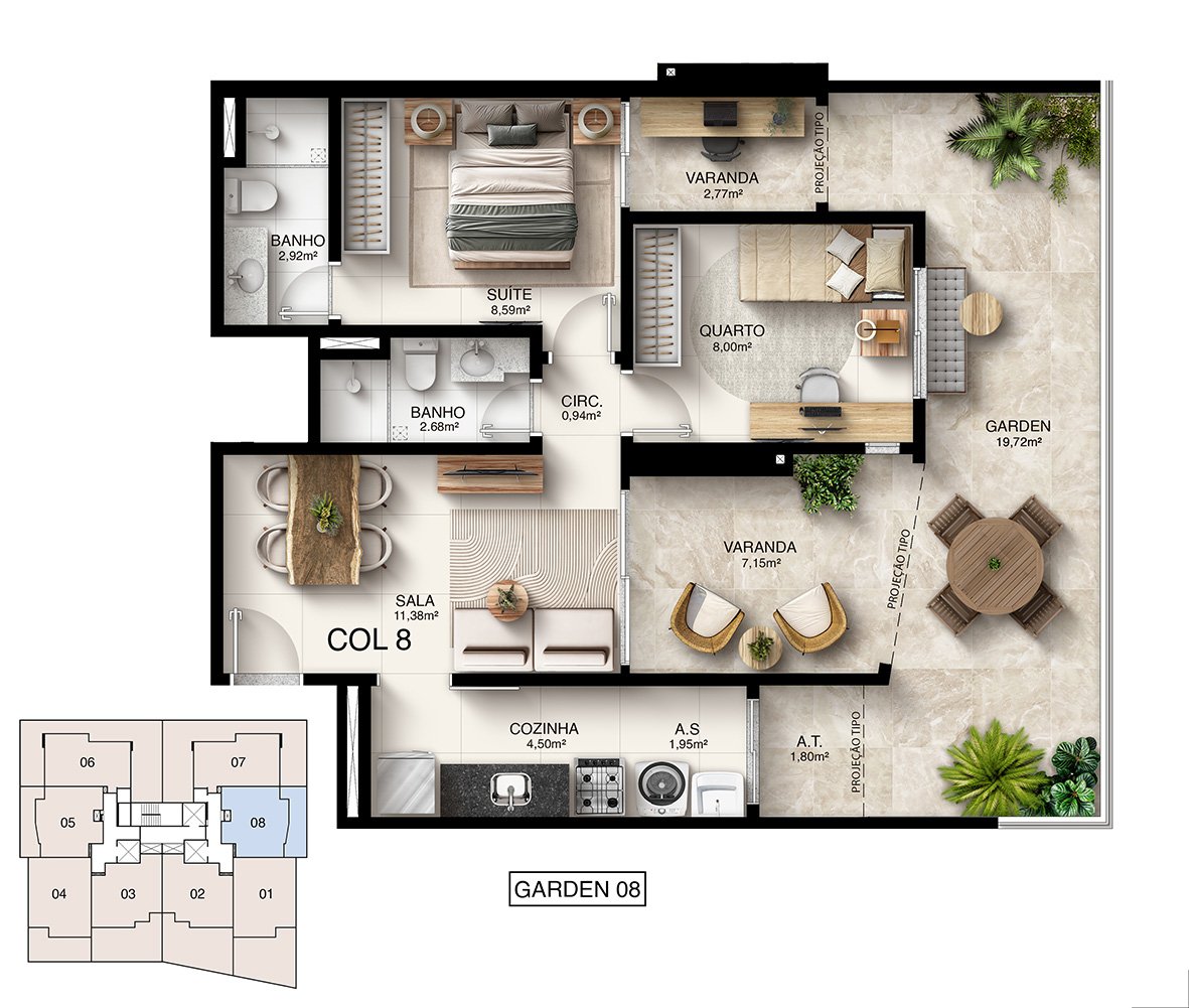 Planta Humanizada Garden 08 - 2 Quartos com Suíte (82,98 m²) - Kalena Residence