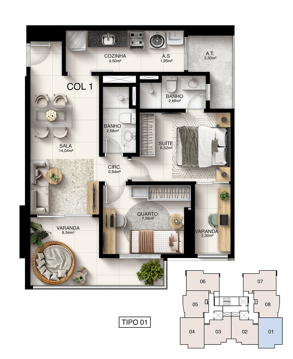 Planta Humanizada Tipo 01 - 2 Quartos com Suíte (68,27 m²) - Kalena Residence