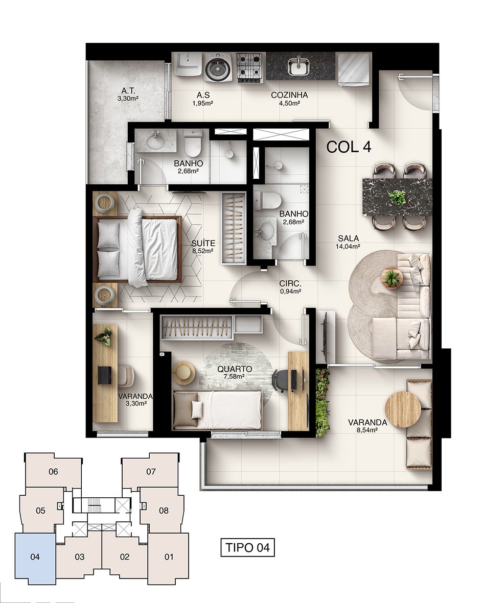 Planta Humanizada Tipo 04 - 2 Quartos com Suíte (68,27 m²) - Kalena Residence