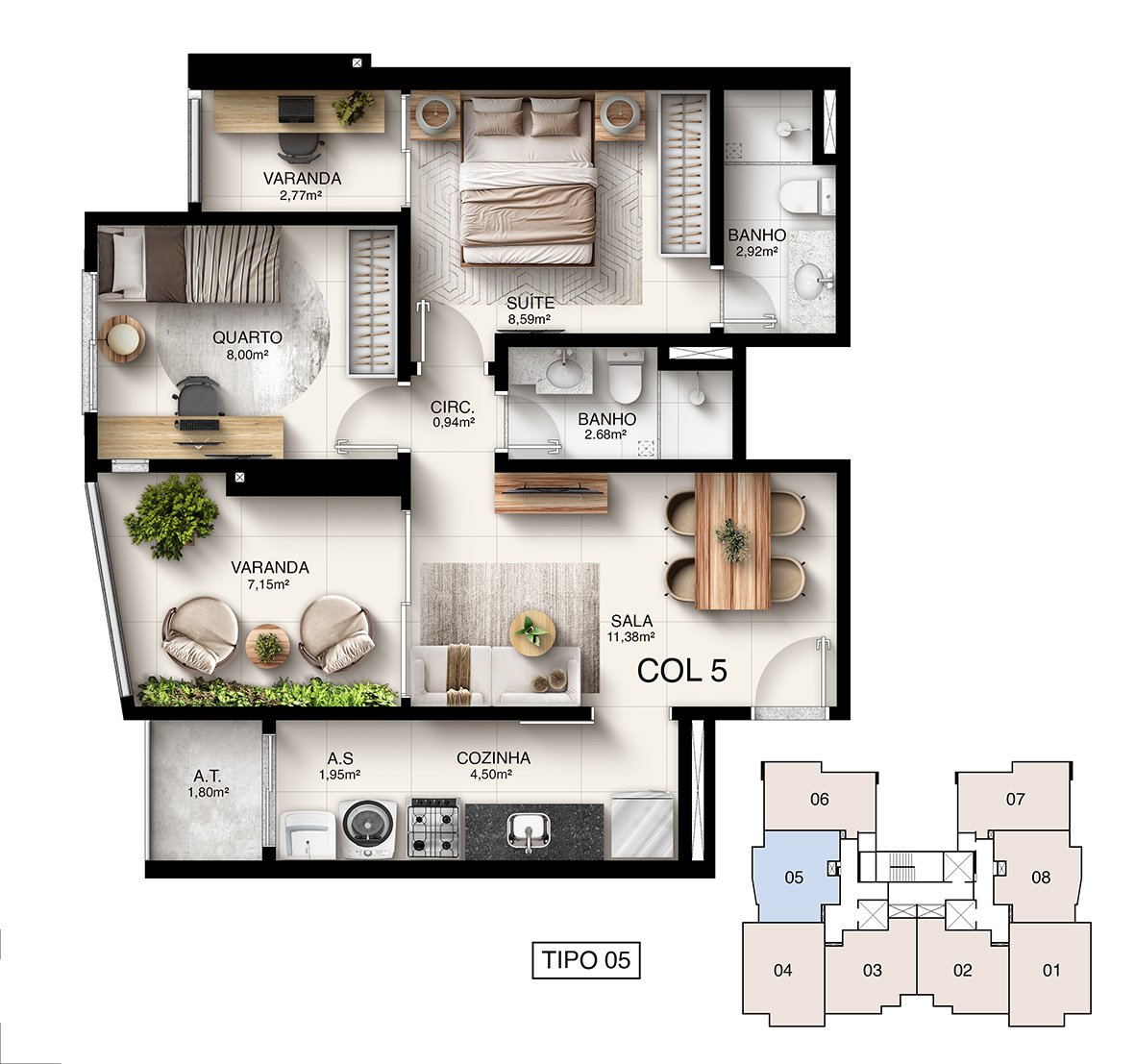 Planta Humanizada Tipo 05 - 2 Quartos com Suíte (61,72 m²) - Kalena Residence