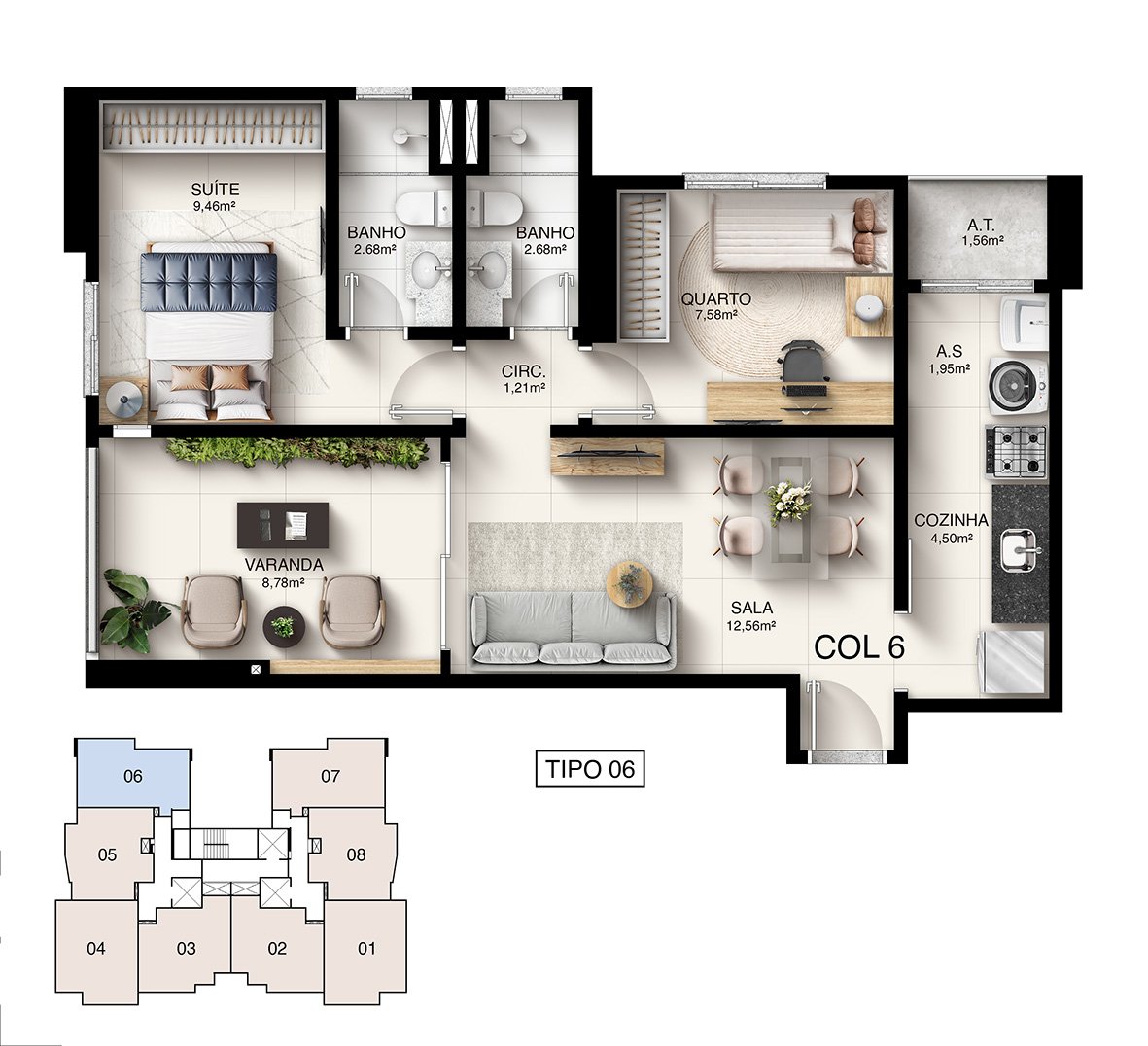 Planta Humanizada Tipo 06 - 2 Quartos com Suíte (62,28 m²) - Kalena Residence