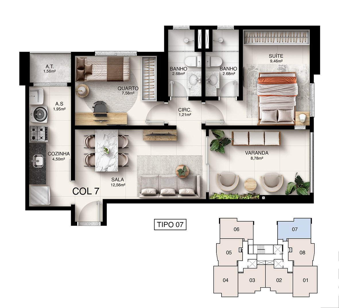 Planta Humanizada Tipo 07 - 2 Quartos com Suíte (62,28 m²) - Kalena Residence