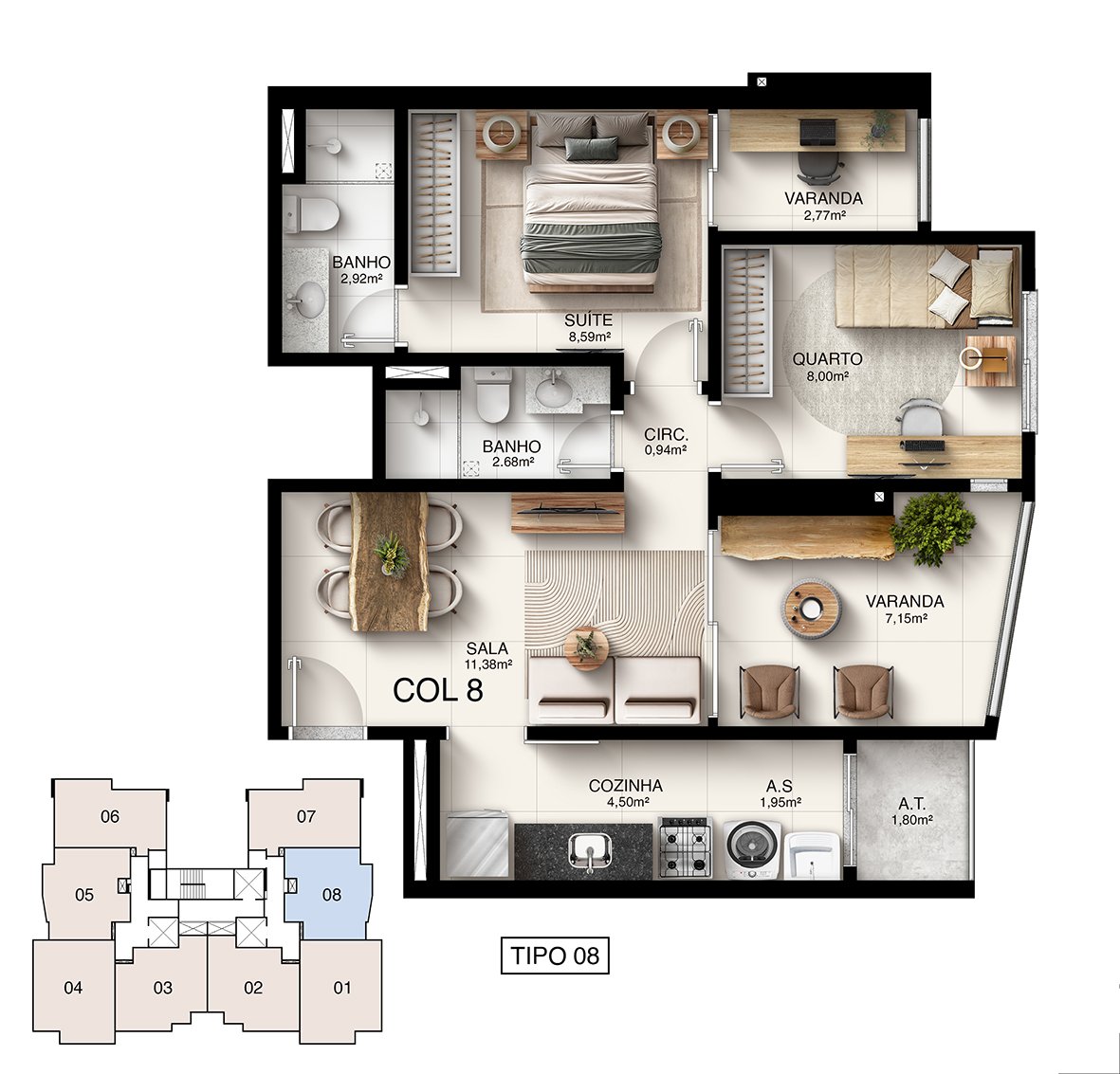 Planta Humanizada Tipo 08 - 2 Quartos com Suíte (61,72 m²) - Kalena Residence
